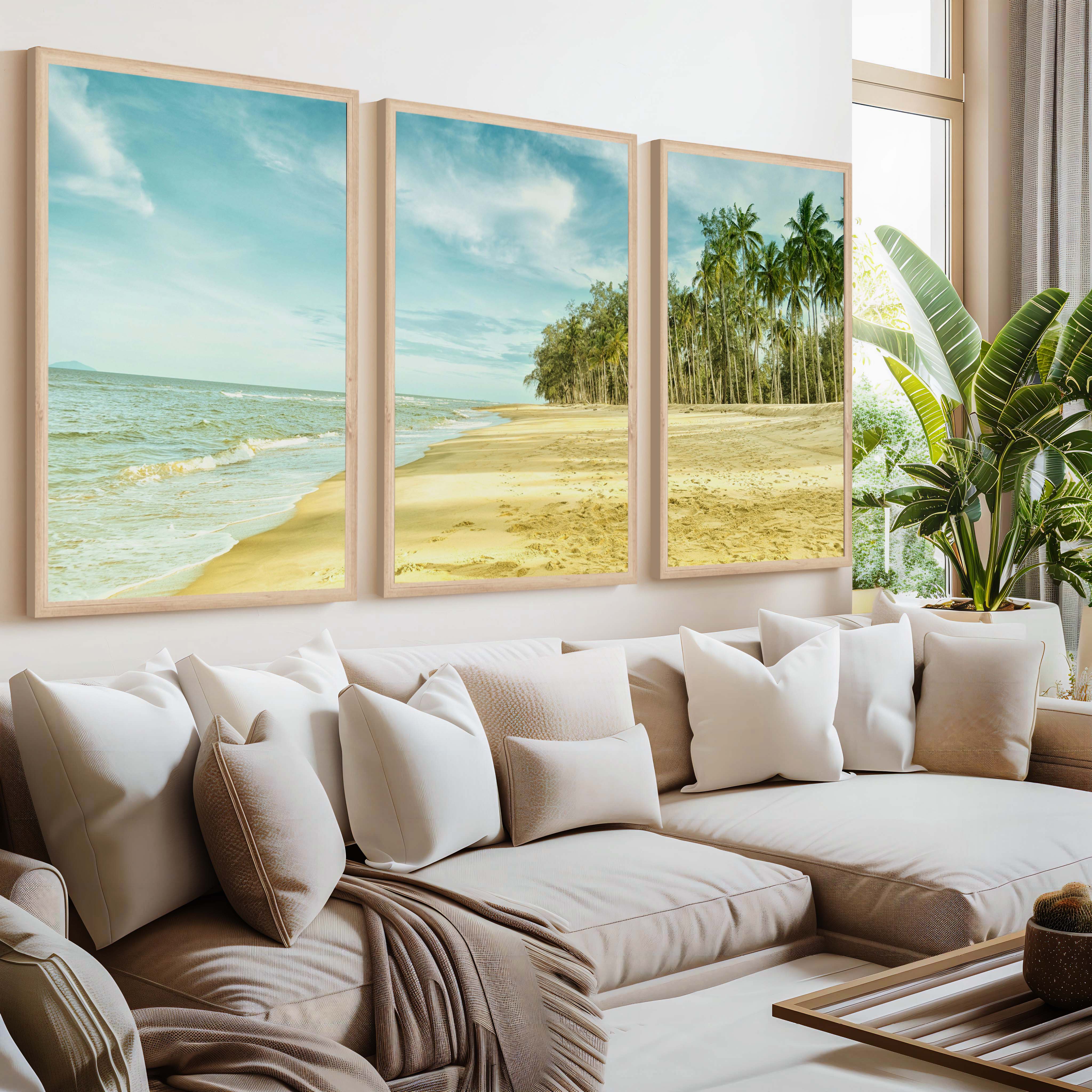 Coastal Nautical Wall Art – Ocean Shore and Palm Line Print - Natural Wood Framed Poster No Border - Artworksets