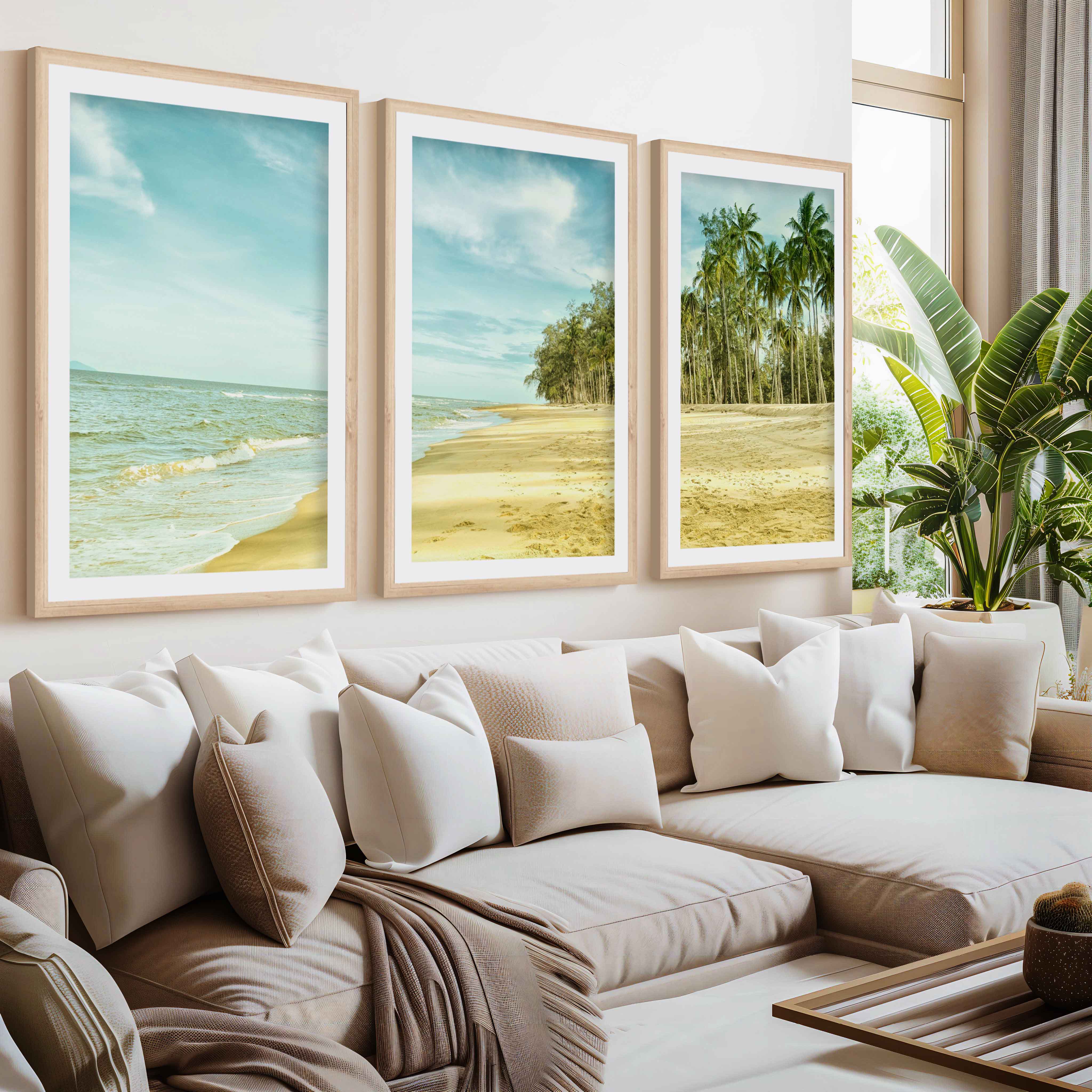 Coastal Nautical Wall Art – Ocean Shore and Palm Line Print- Natural Wood Framed Poster with White Border - Artworksets