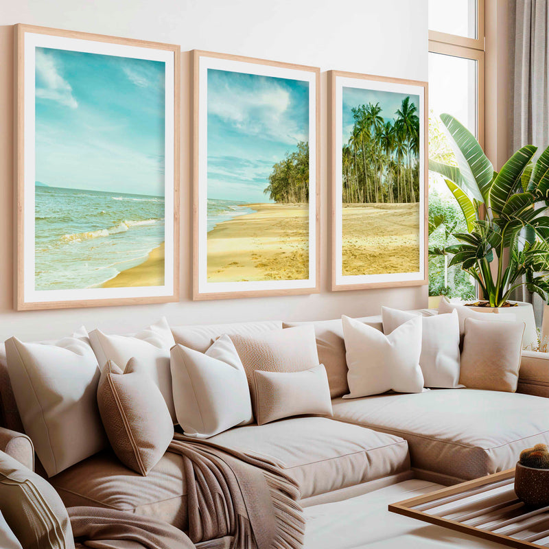 Coastal Nautical Wall Art – Ocean Shore and Palm Line Print- Natural Wood Framed Poster with White Border - Artworksets