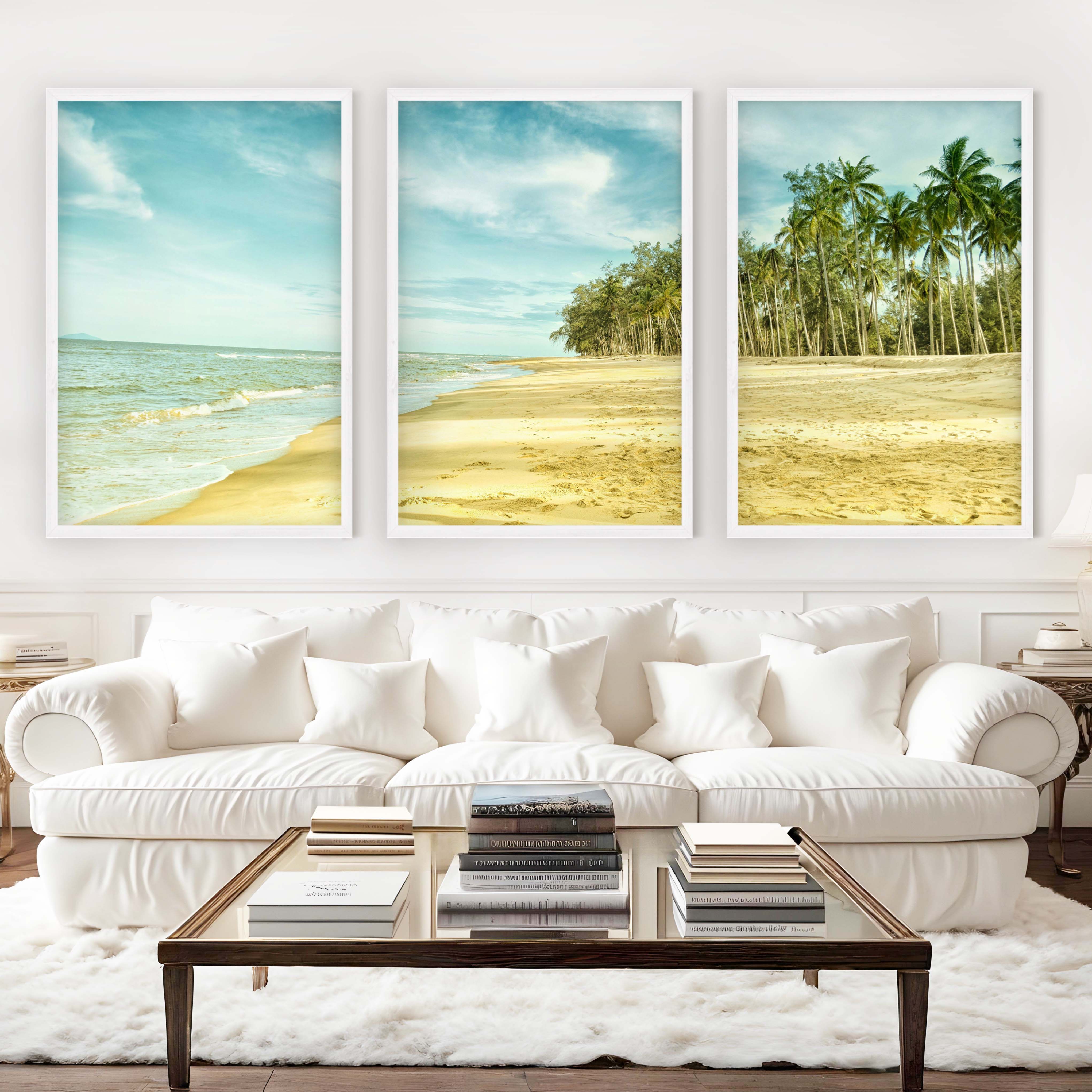 Coastal Nautical Wall Art – Ocean Shore and Palm Line Print - White Framed Poster No Border - Artworksets