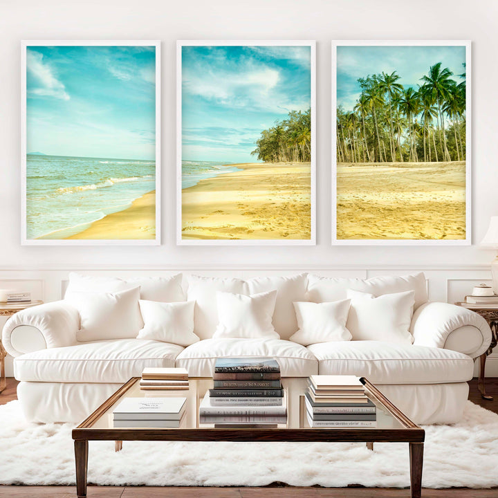 Coastal Nautical Wall Art – Ocean Shore and Palm Line Print - White Framed Poster No Border - Artworksets
