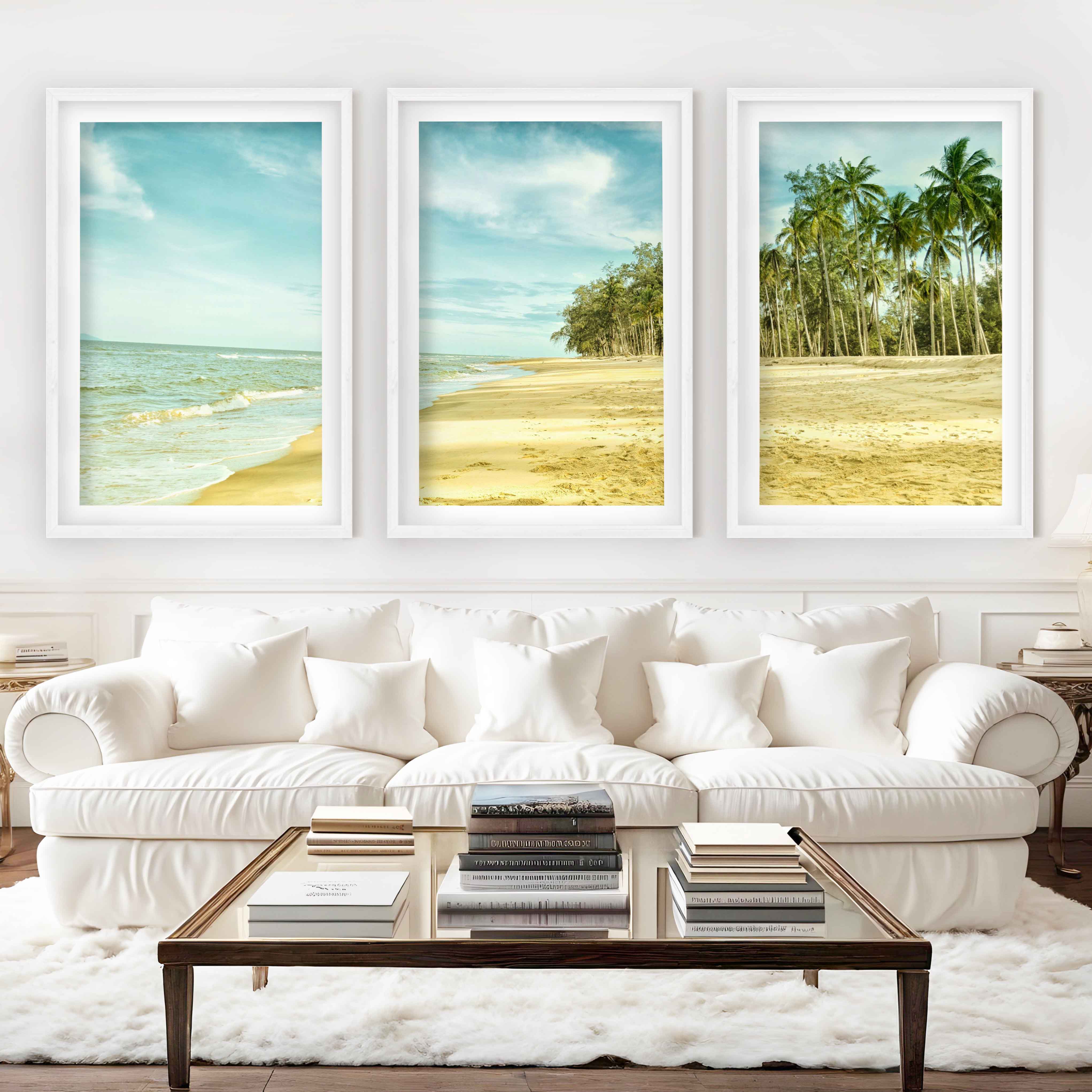 Coastal Nautical Wall Art – Ocean Shore and Palm Line Print - White Framed Poster with White Border - Artworksets