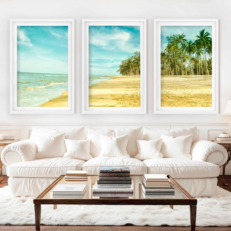 Coastal Nautical Wall Art – Ocean Shore and Palm Line Print - White Framed Poster with White Border - Artworksets