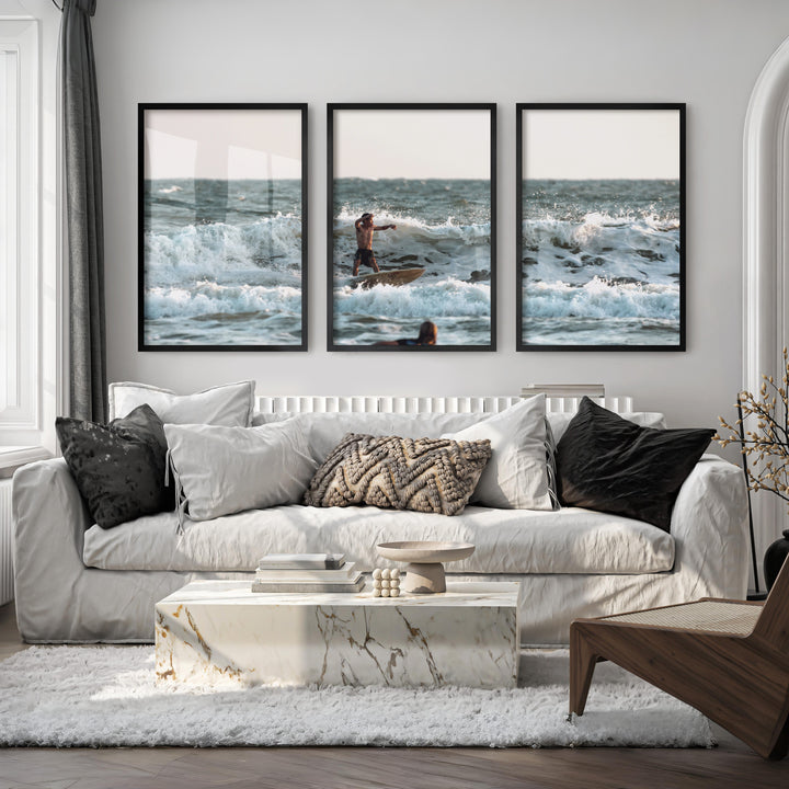 Surfer in Breaking Waves Coastal Nautical Wall Art - Black Framed Poster No Border - Artworksets