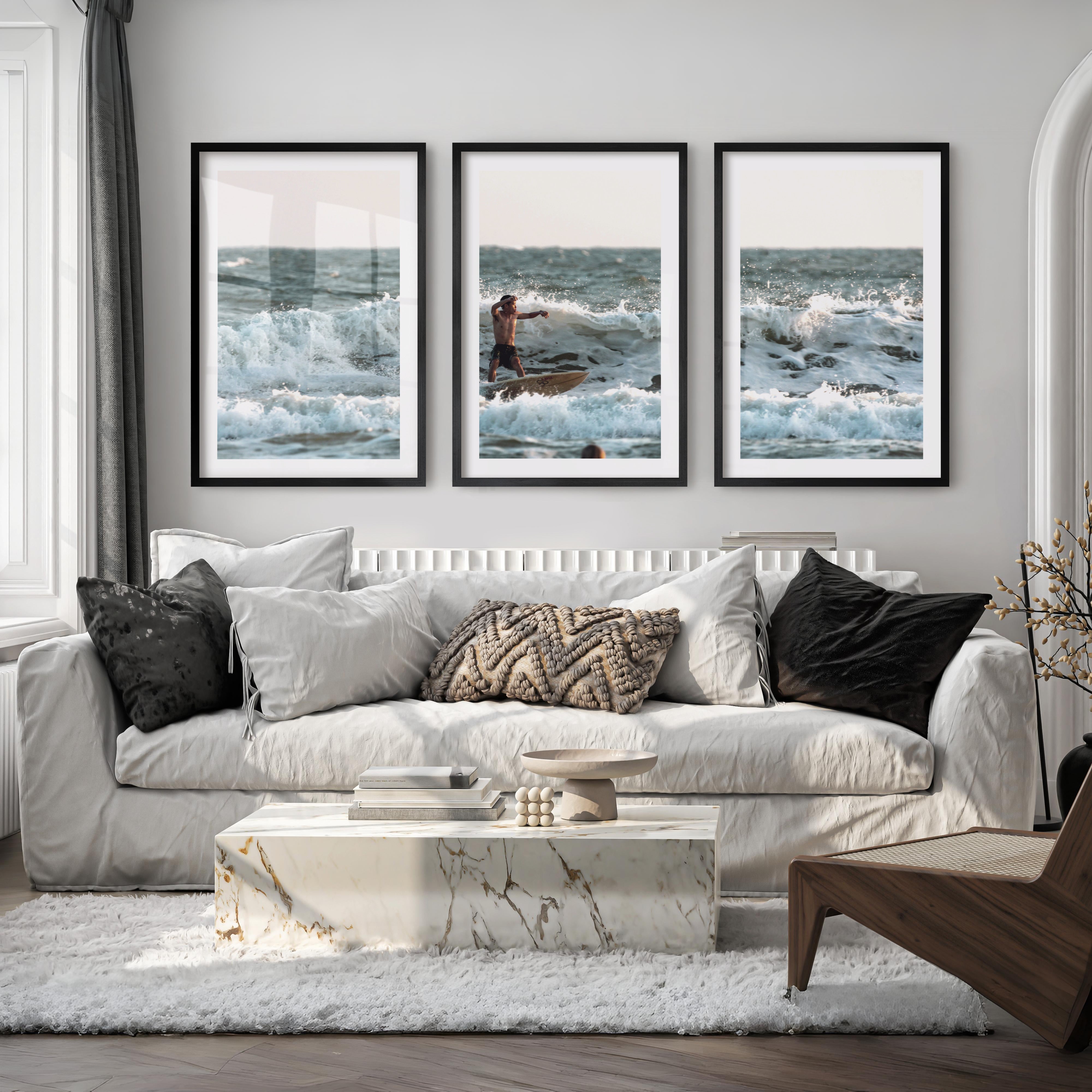 Surfer in Breaking Waves Coastal Nautical Wall Art - Black Framed Poster with White Border - Artworksets