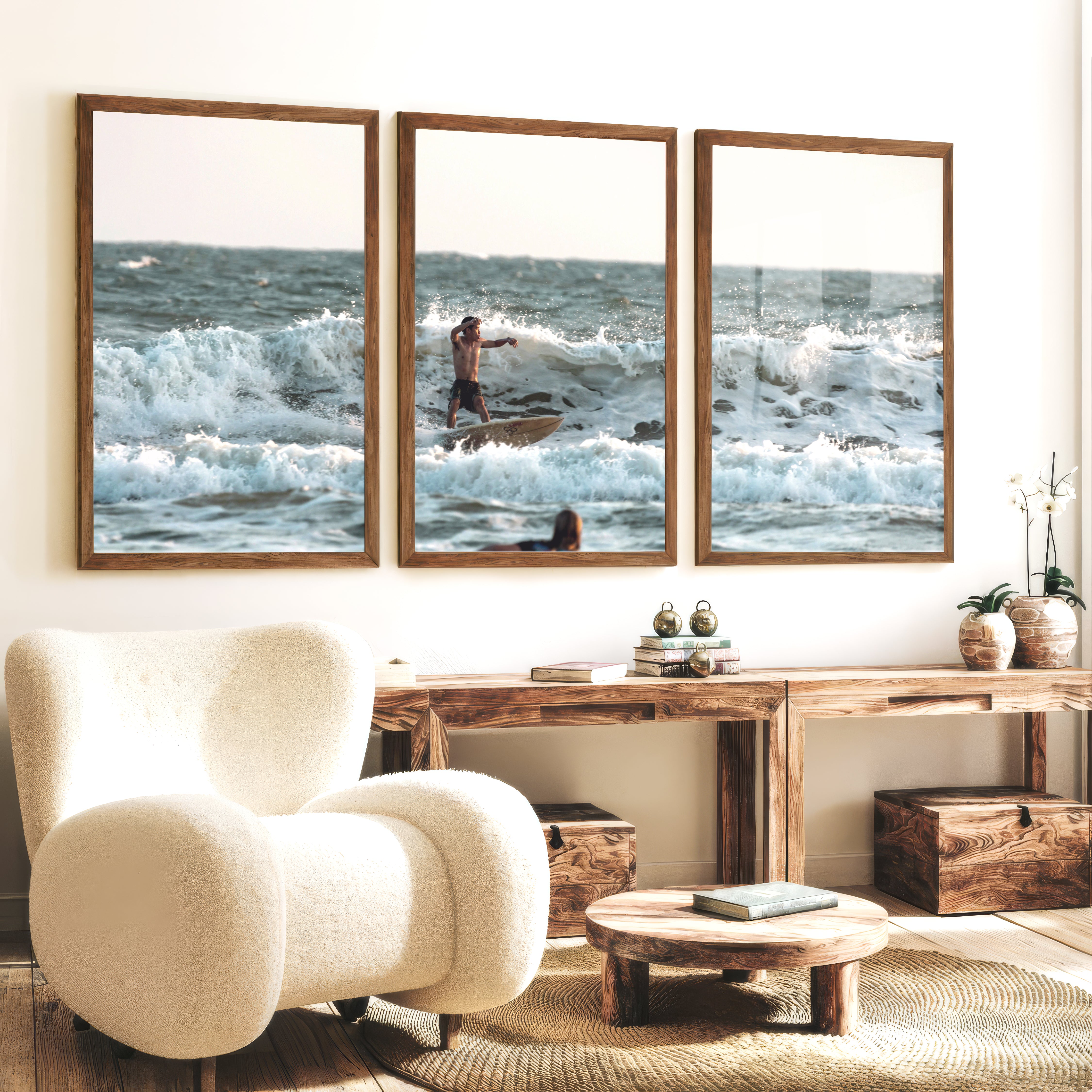 Surfer in Breaking Waves Coastal Nautical Wall Art - Dark Brown Framed Poster No Border - Artworksets