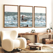 Surfer in Breaking Waves Coastal Nautical Wall Art - Dark Brown Framed Poster No Border - Artworksets
