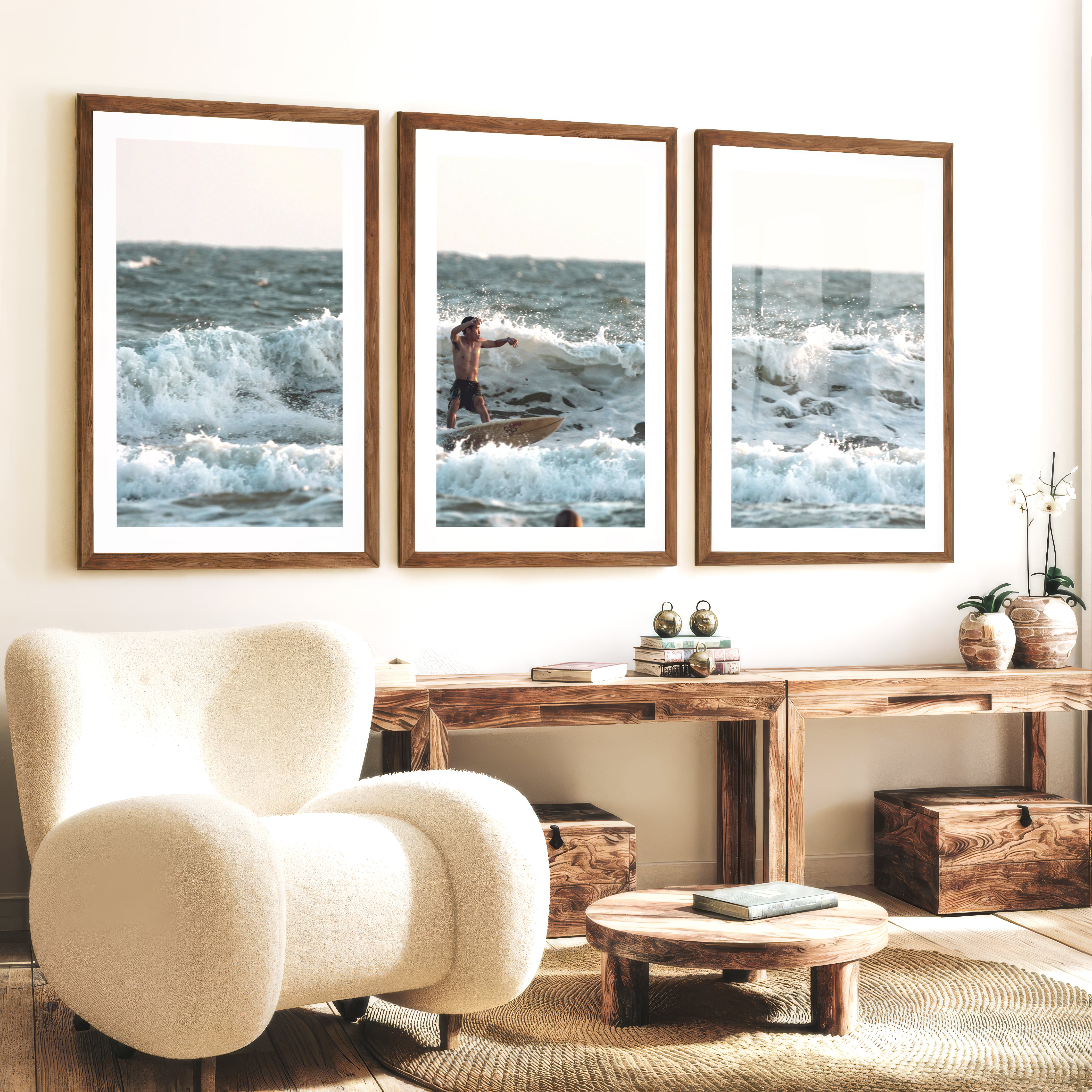 Surfer in Breaking Waves Coastal Nautical Wall Art - Dark Brown Framed Poster with White Border - Artworksets