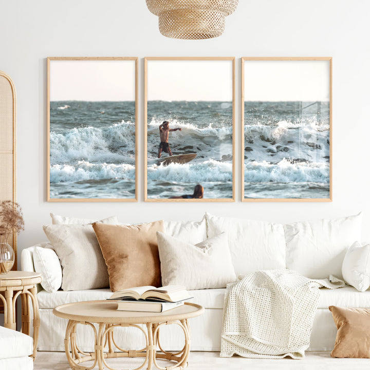 Surfer in Breaking Waves Coastal Nautical Wall Art - Natural Wood Framed Poster No Border - Artworksets
