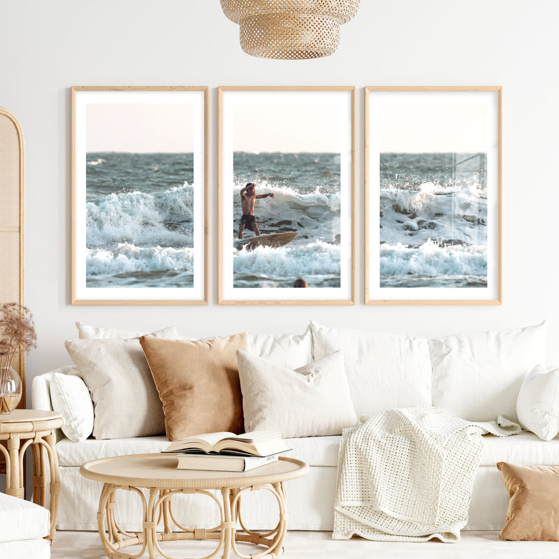Surfer in Breaking Waves Coastal Nautical Wall Art- Natural Wood Framed Poster with White Border - Artworksets