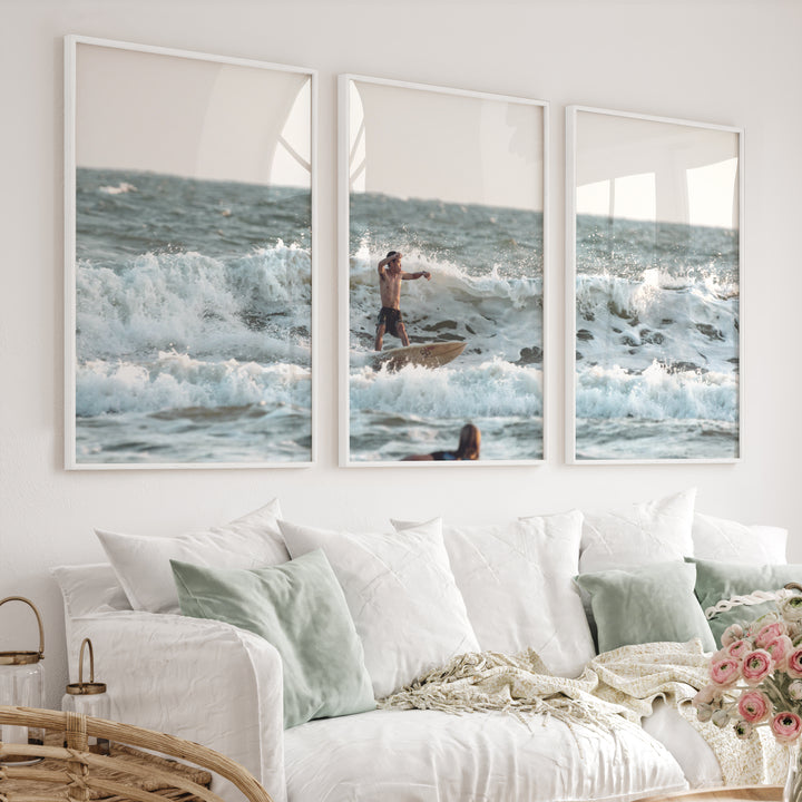 Surfer in Breaking Waves Coastal Nautical Wall Art - White Framed Poster No Border - Artworksets