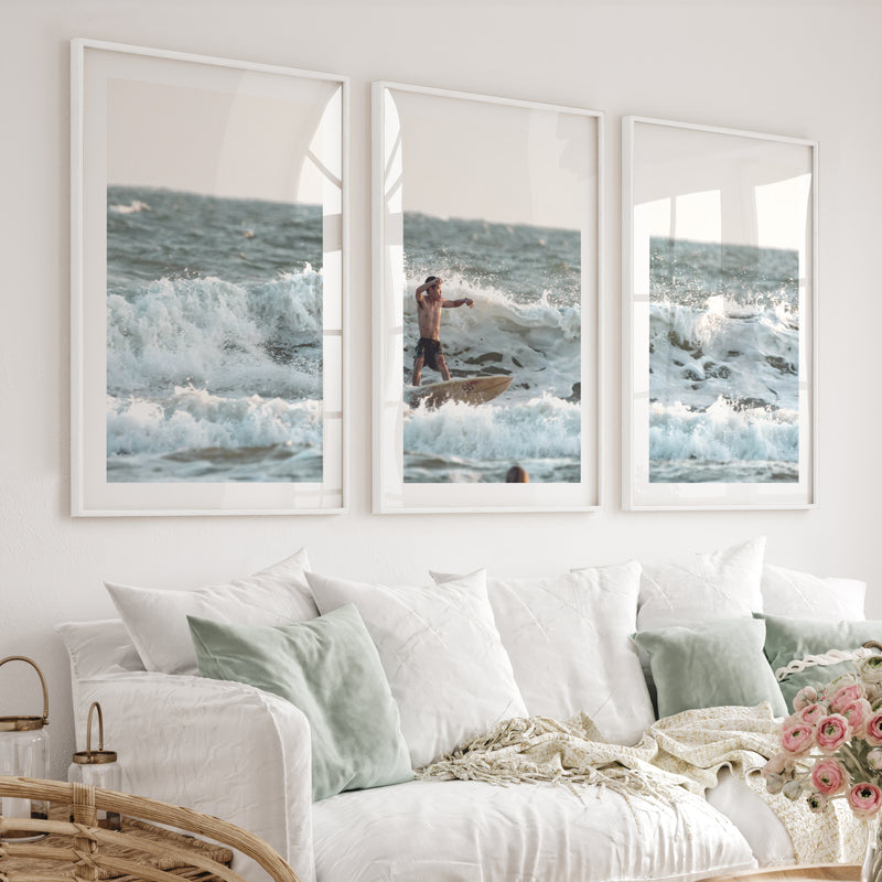 Surfer in Breaking Waves Coastal Nautical Wall Art - White Framed Poster with White Border - Artworksets