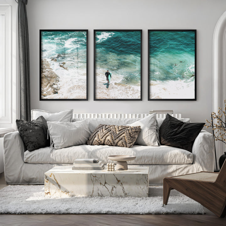 Surfer Shore coastal photography prints with Turquoise Water - Black Framed Poster No Border - Artworksets
