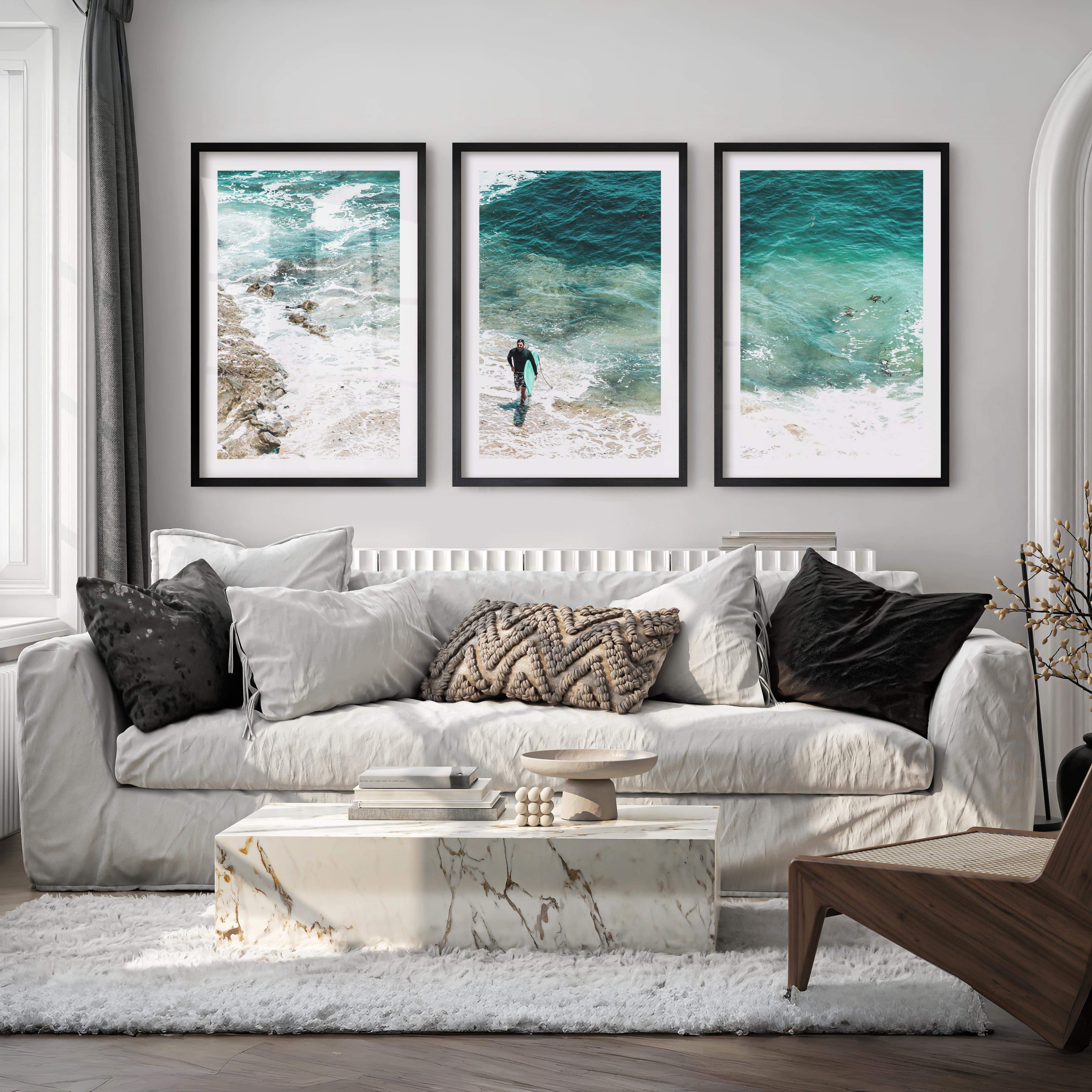 Surfer Shore coastal photography prints with Turquoise Water - Black Framed Poster with White Border - Artworksets
