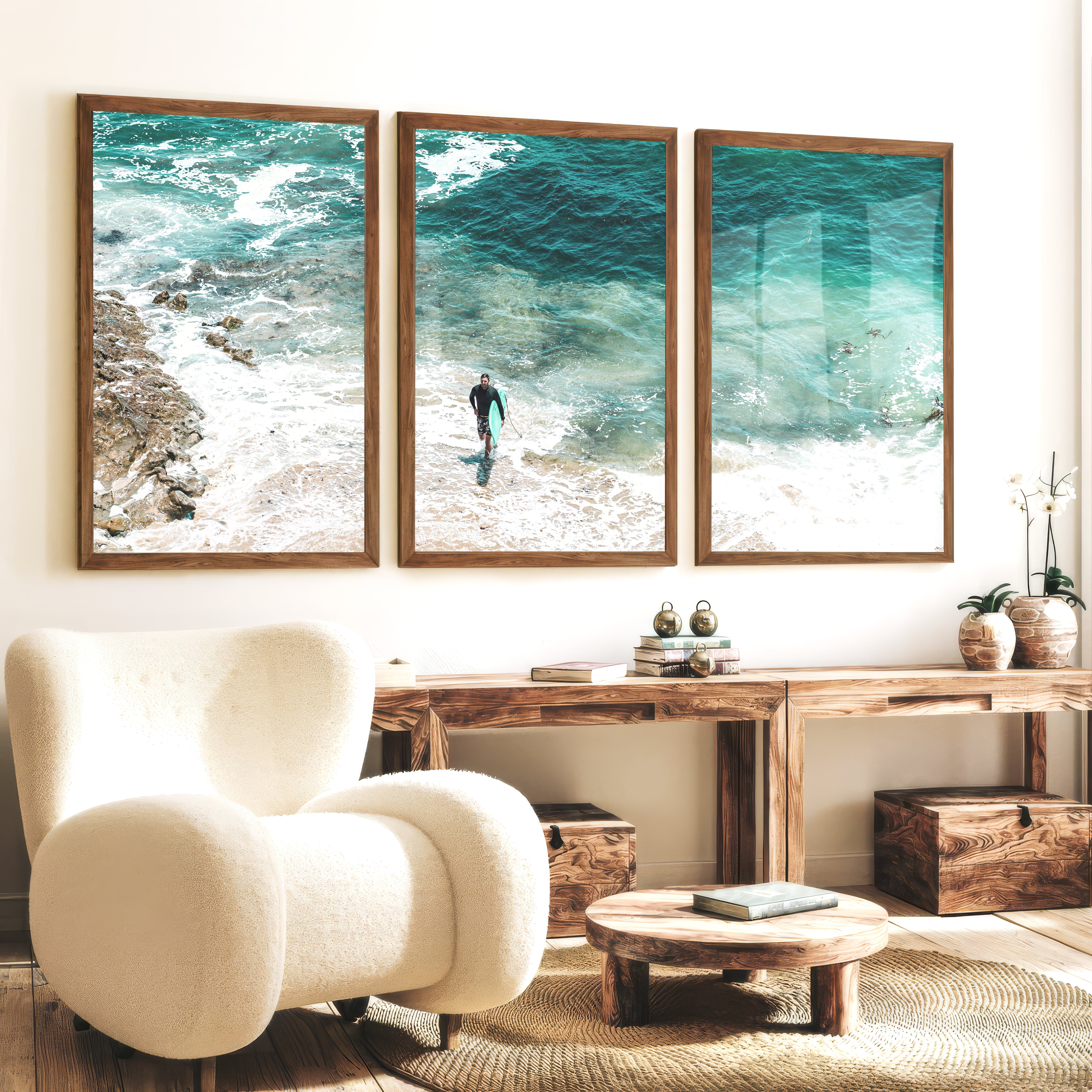 Surfer Shore coastal photography prints with Turquoise Water - Dark Brown Framed Poster No Border - Artworksets