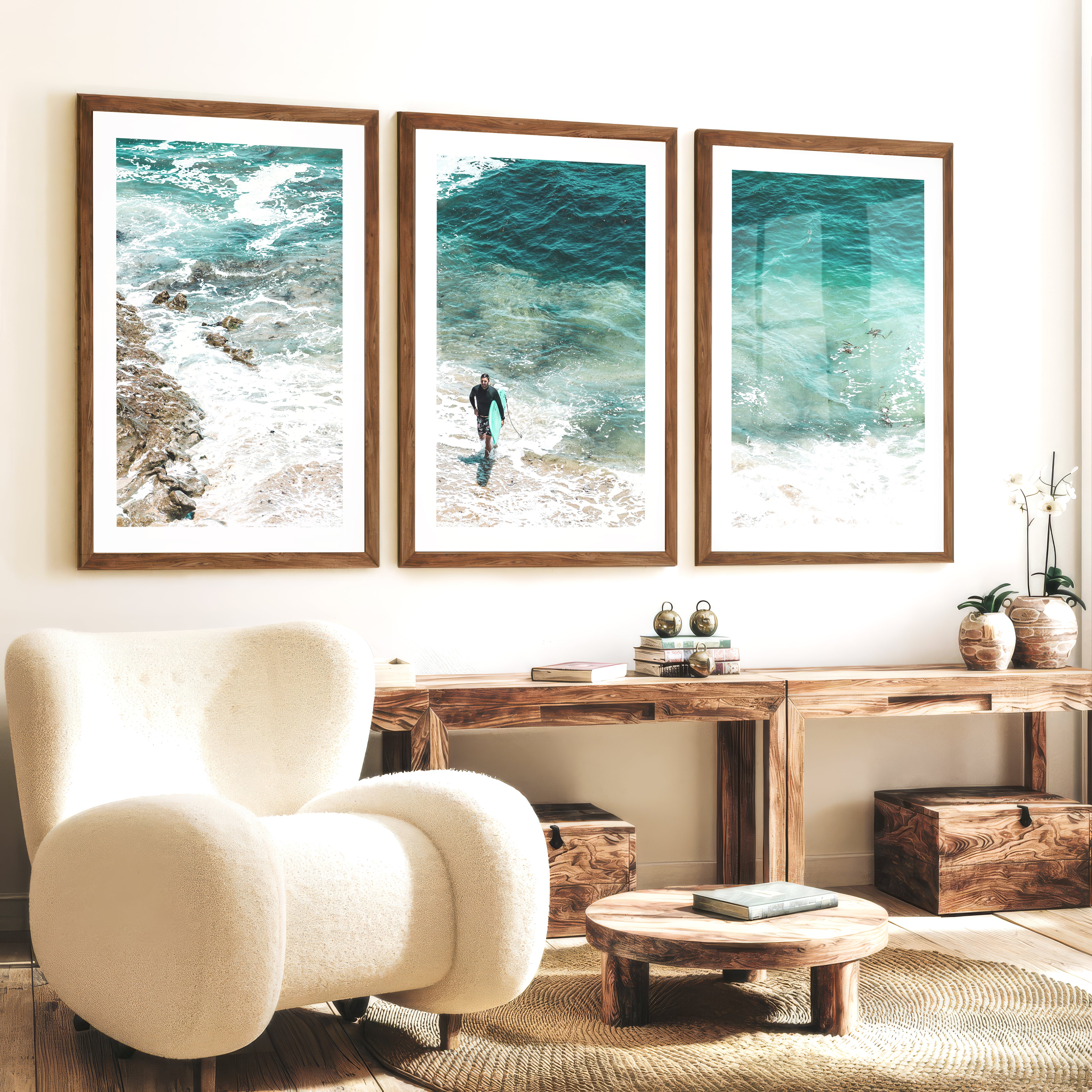 Surfer Shore coastal photography prints with Turquoise Water - Dark Brown Framed Poster with White Border - Artworksets