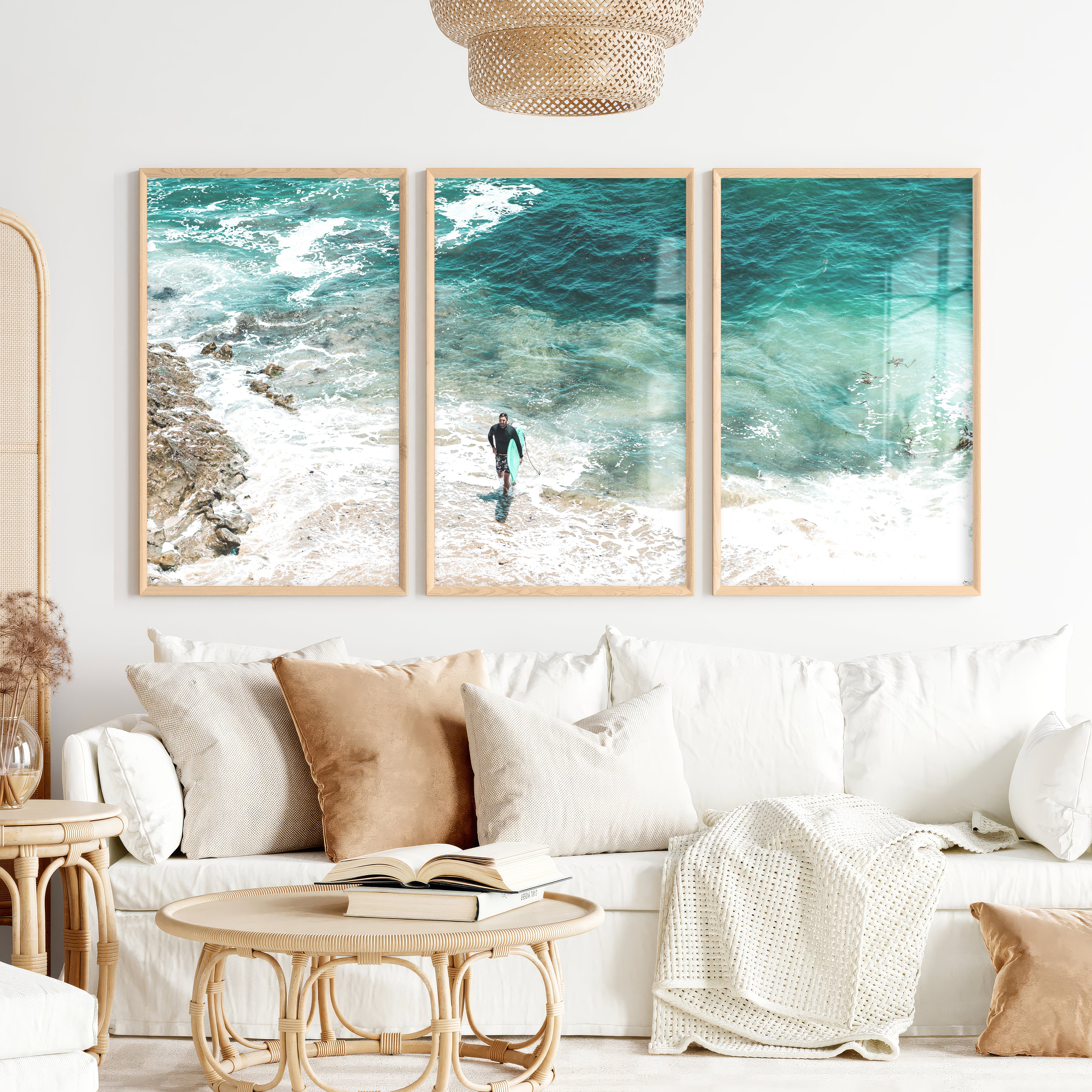 Surfer Shore coastal photography prints with Turquoise Water - Natural Wood Framed Poster No Border - Artworksets