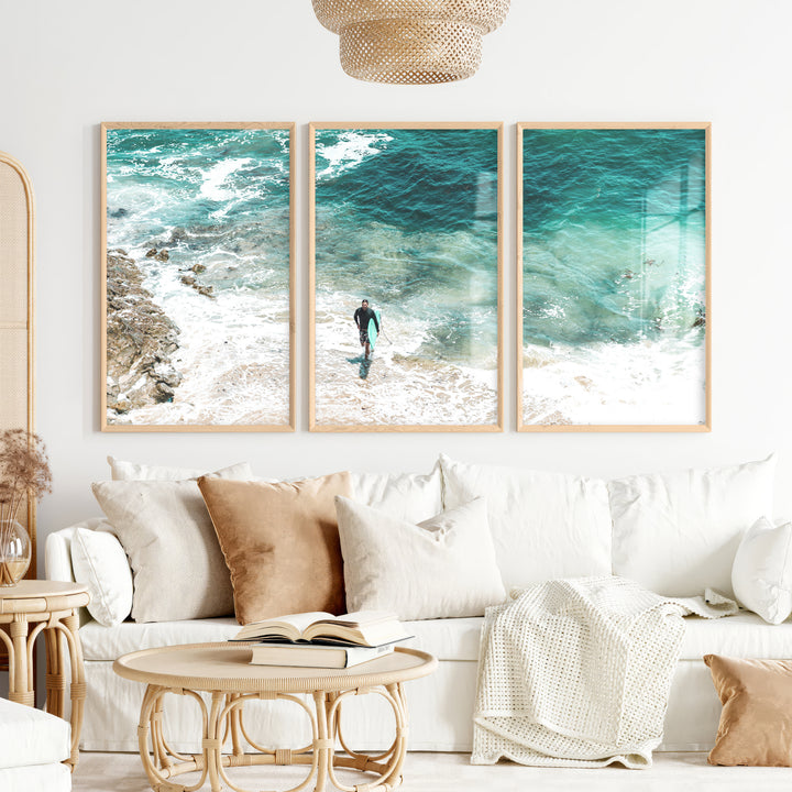 Surfer Shore coastal photography prints with Turquoise Water - Natural Wood Framed Poster No Border - Artworksets