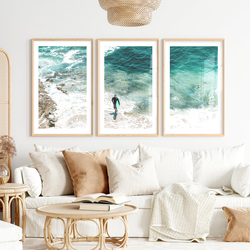 Surfer Shore coastal photography prints with Turquoise Water- Natural Wood Framed Poster with White Border - Artworksets