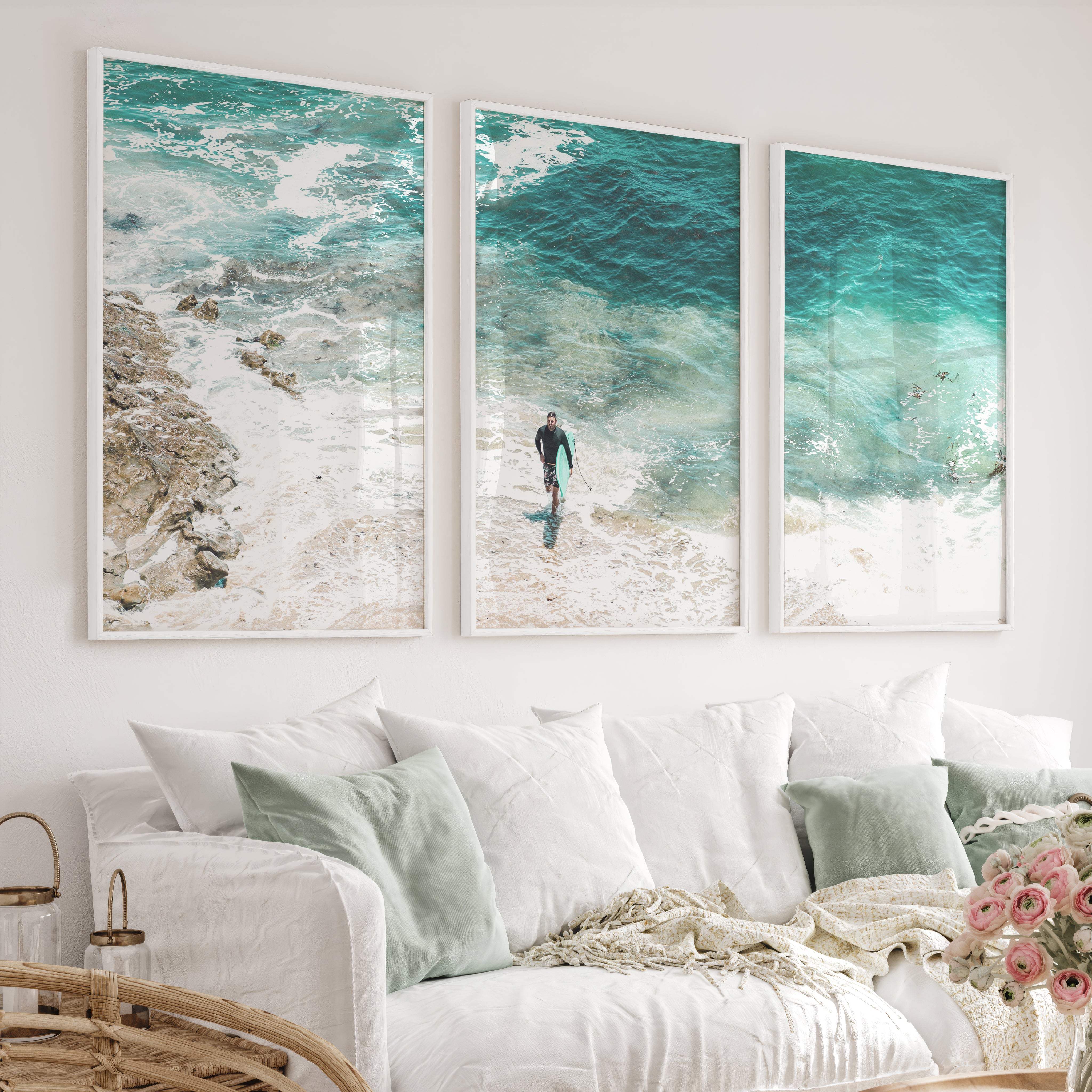 Surfer Shore coastal photography prints with Turquoise Water - White Framed Poster No Border - Artworksets