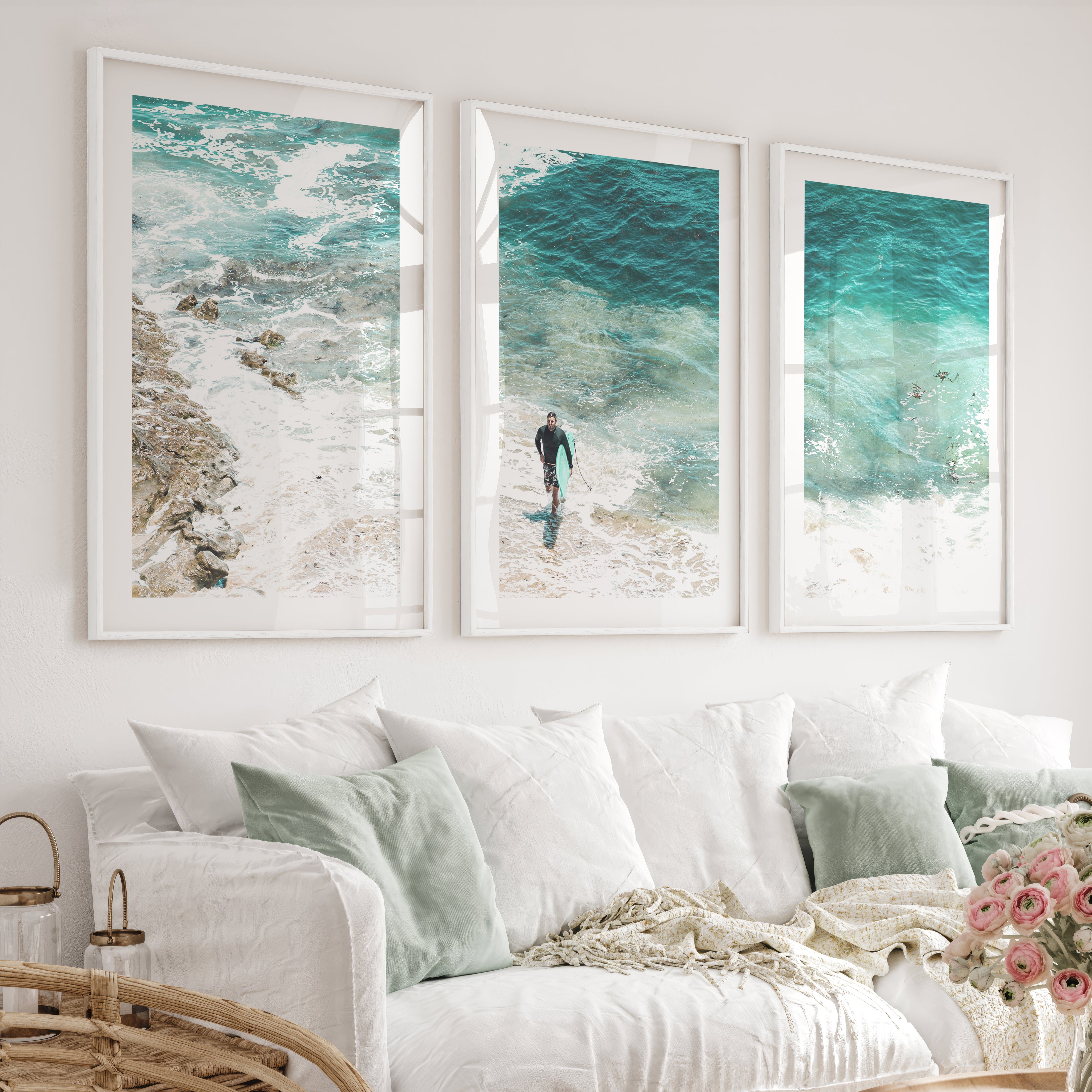 Surfer Shore coastal photography prints with Turquoise Water - White Framed Poster with White Border - Artworksets