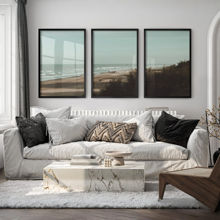 Distant Shore coastal photography wall art with Soft Waves - Black Framed Poster No Border - Artworksets