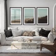 Distant Shore coastal photography wall art with Soft Waves - Black Framed Poster with White Border - Artworksets