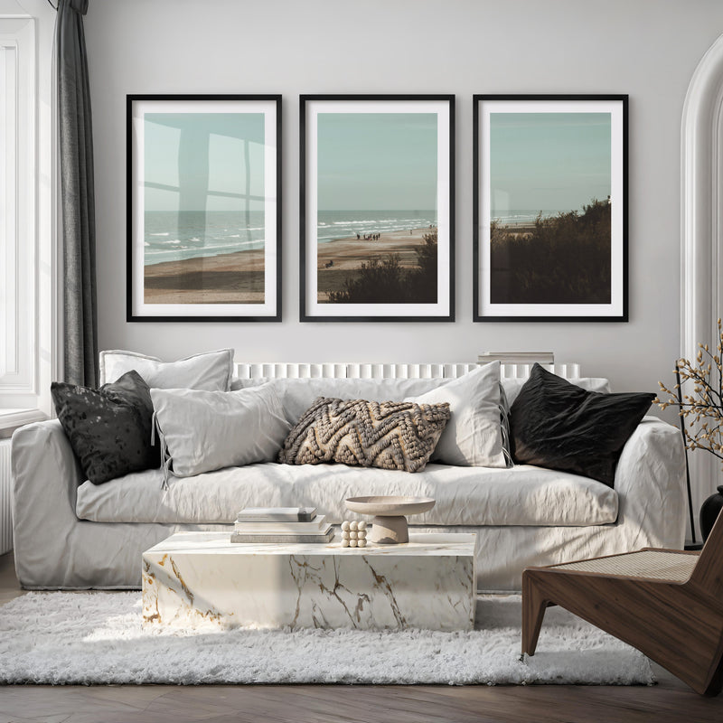 Distant Shore coastal photography wall art with Soft Waves - Black Framed Poster with White Border - Artworksets