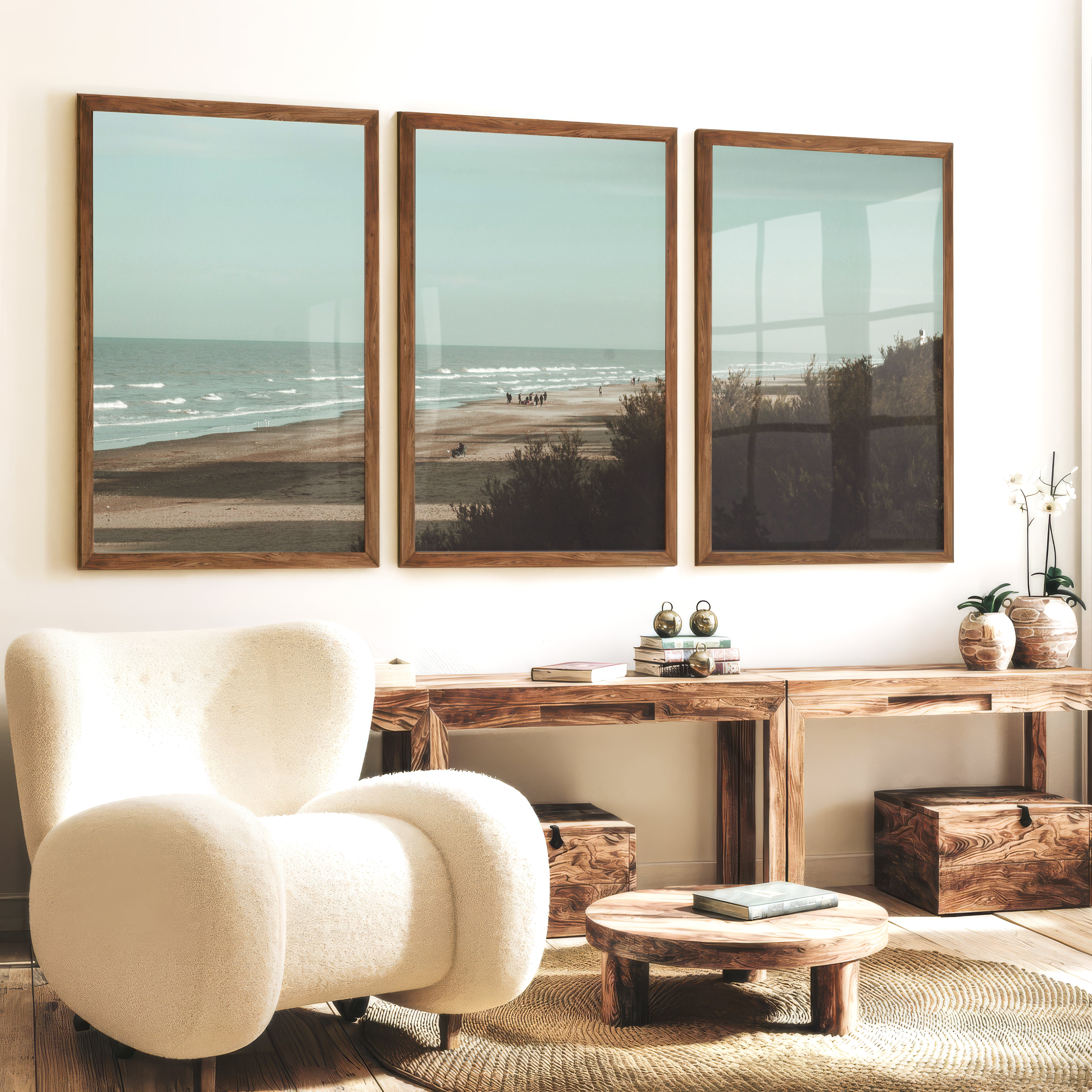 Distant Shore coastal photography wall art with Soft Waves - Dark Brown Framed Poster No Border - Artworksets