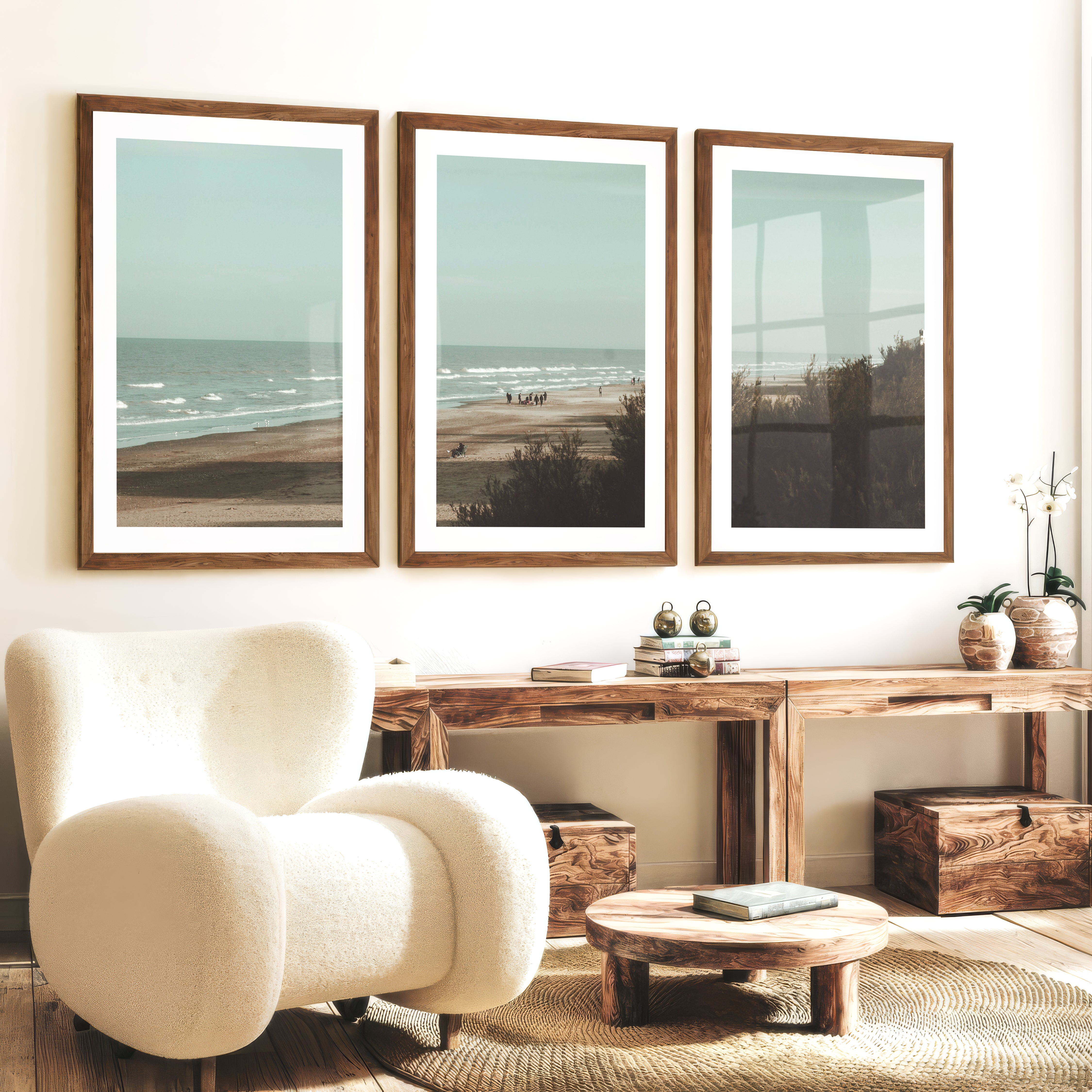 Distant Shore coastal photography wall art with Soft Waves - Dark Brown Framed Poster with White Border - Artworksets
