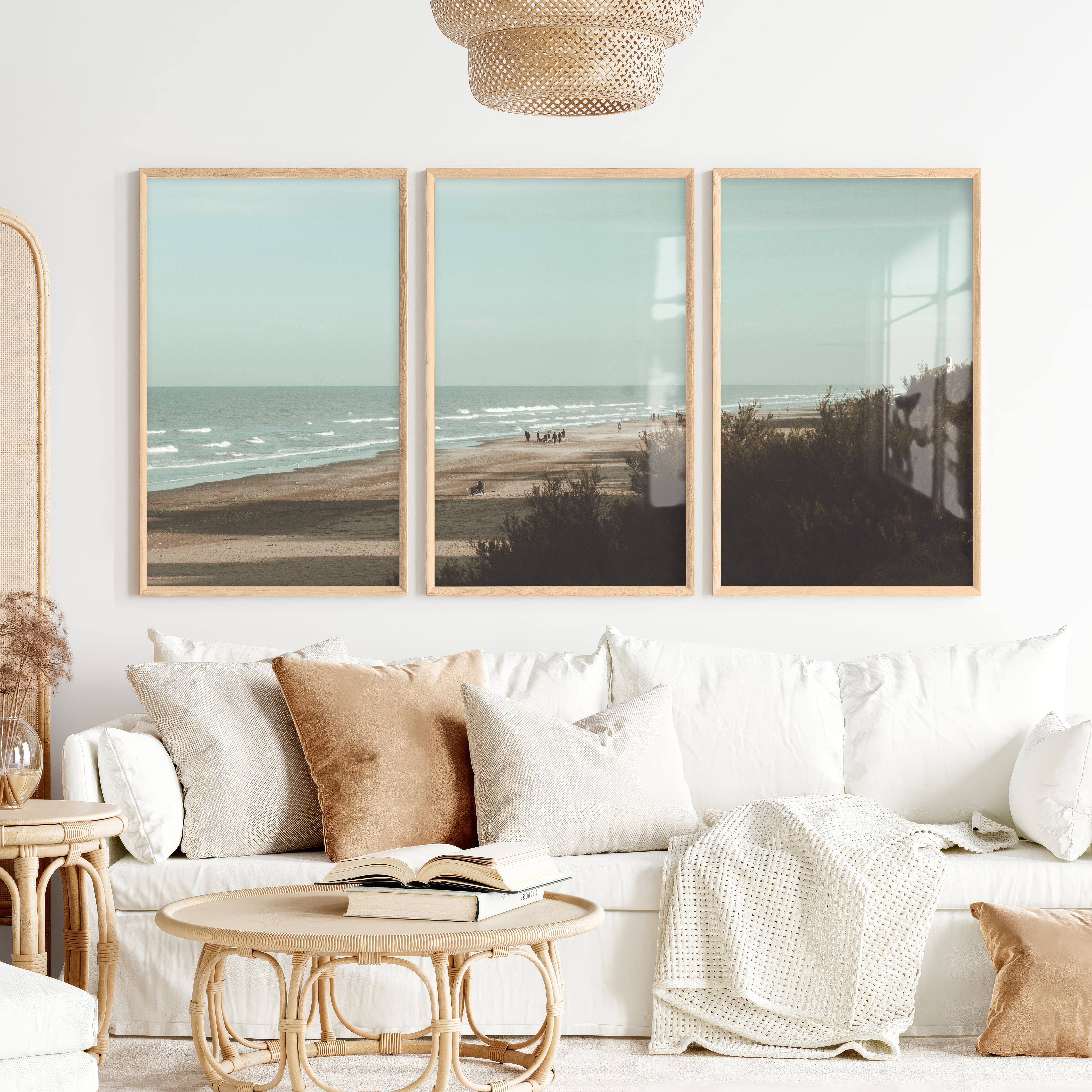 Distant Shore coastal photography wall art with Soft Waves - Natural Wood Framed Poster No Border - Artworksets