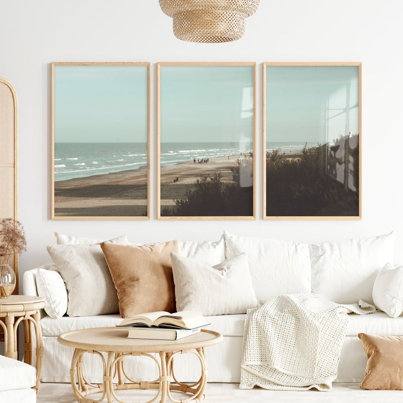 Distant Shore coastal photography wall art with Soft Waves - Natural Wood Framed Poster No Border - Artworksets