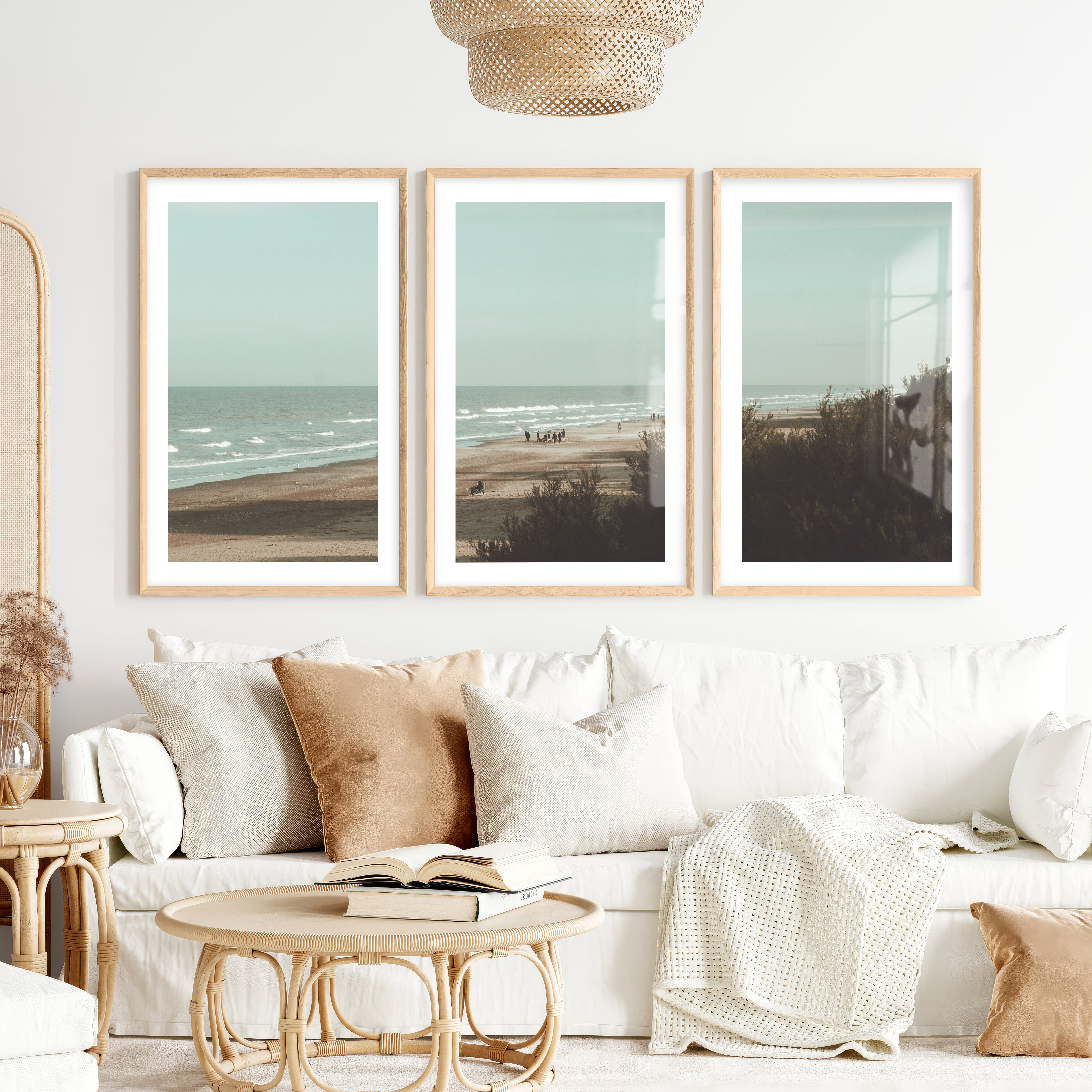 Distant Shore coastal photography wall art with Soft Waves- Natural Wood Framed Poster with White Border - Artworksets