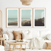Distant Shore coastal photography wall art with Soft Waves- Natural Wood Framed Poster with White Border - Artworksets
