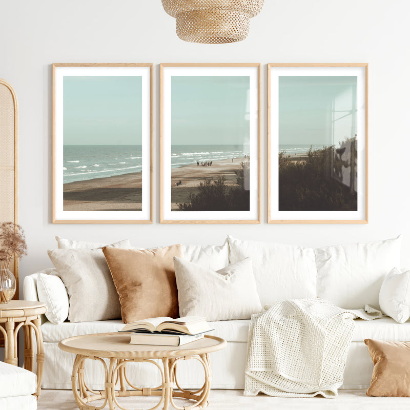 Distant Shore coastal photography wall art with Soft Waves- Natural Wood Framed Poster with White Border - Artworksets