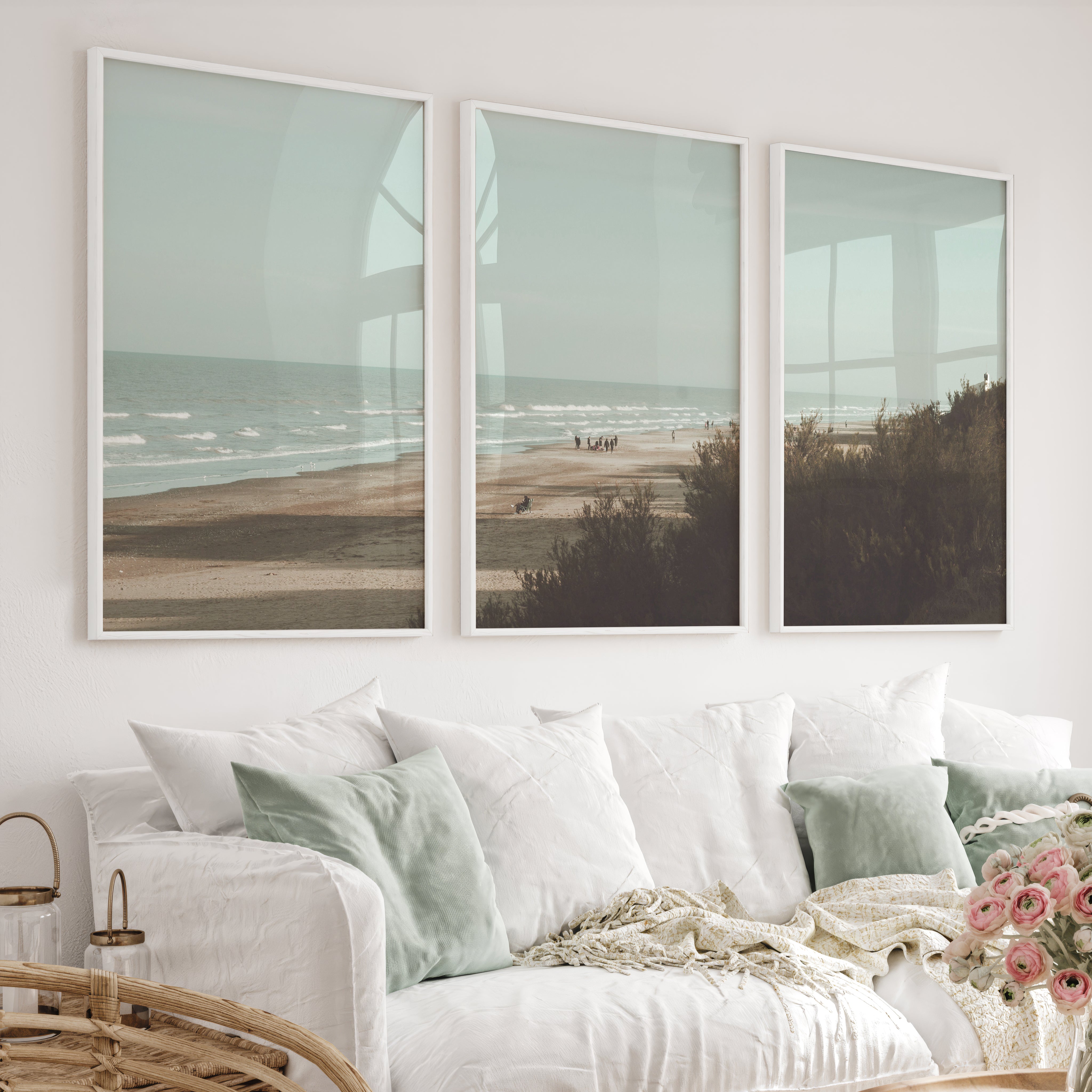 Distant Shore coastal photography wall art with Soft Waves - White Framed Poster No Border - Artworksets
