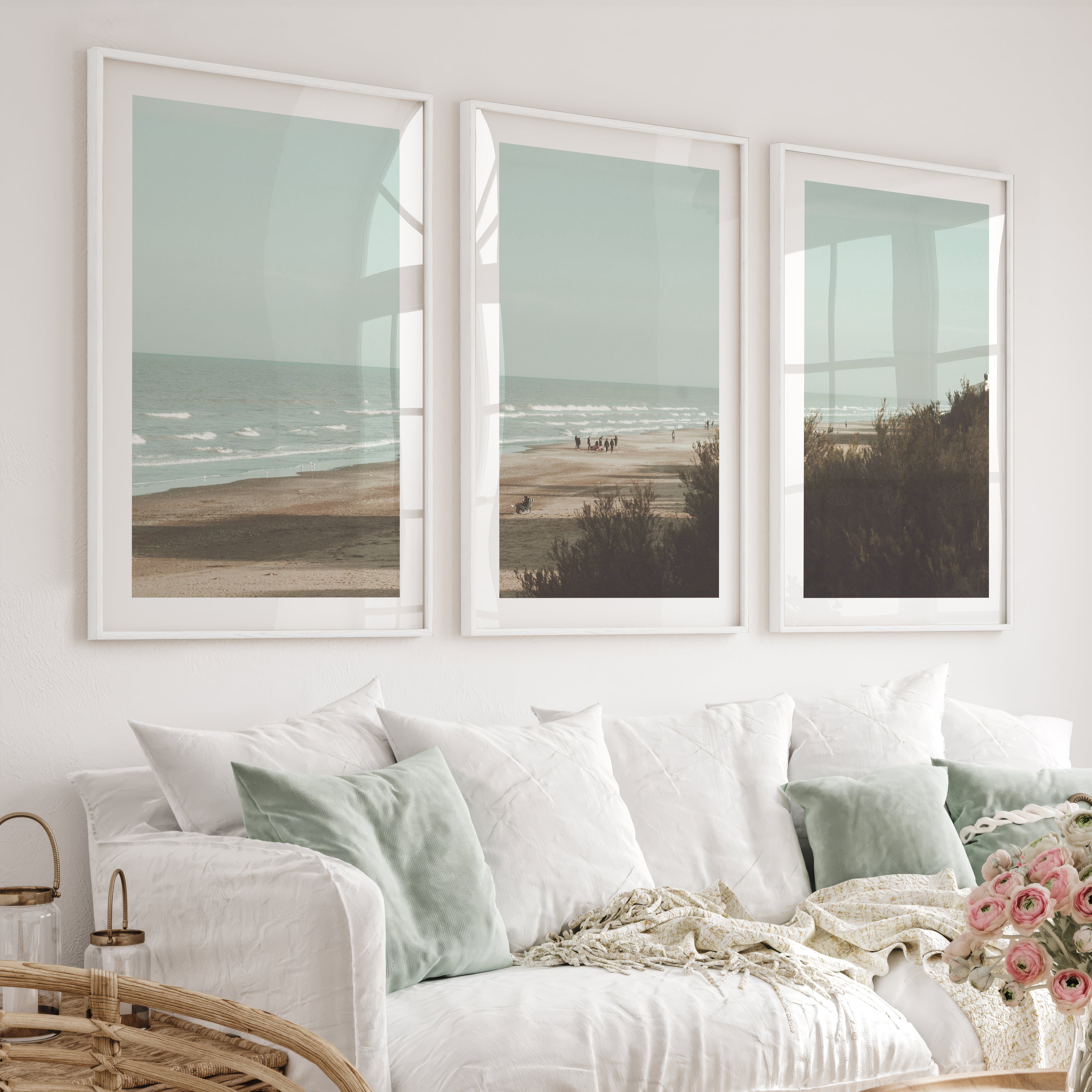 Distant Shore coastal photography wall art with Soft Waves - White Framed Poster with White Border - Artworksets