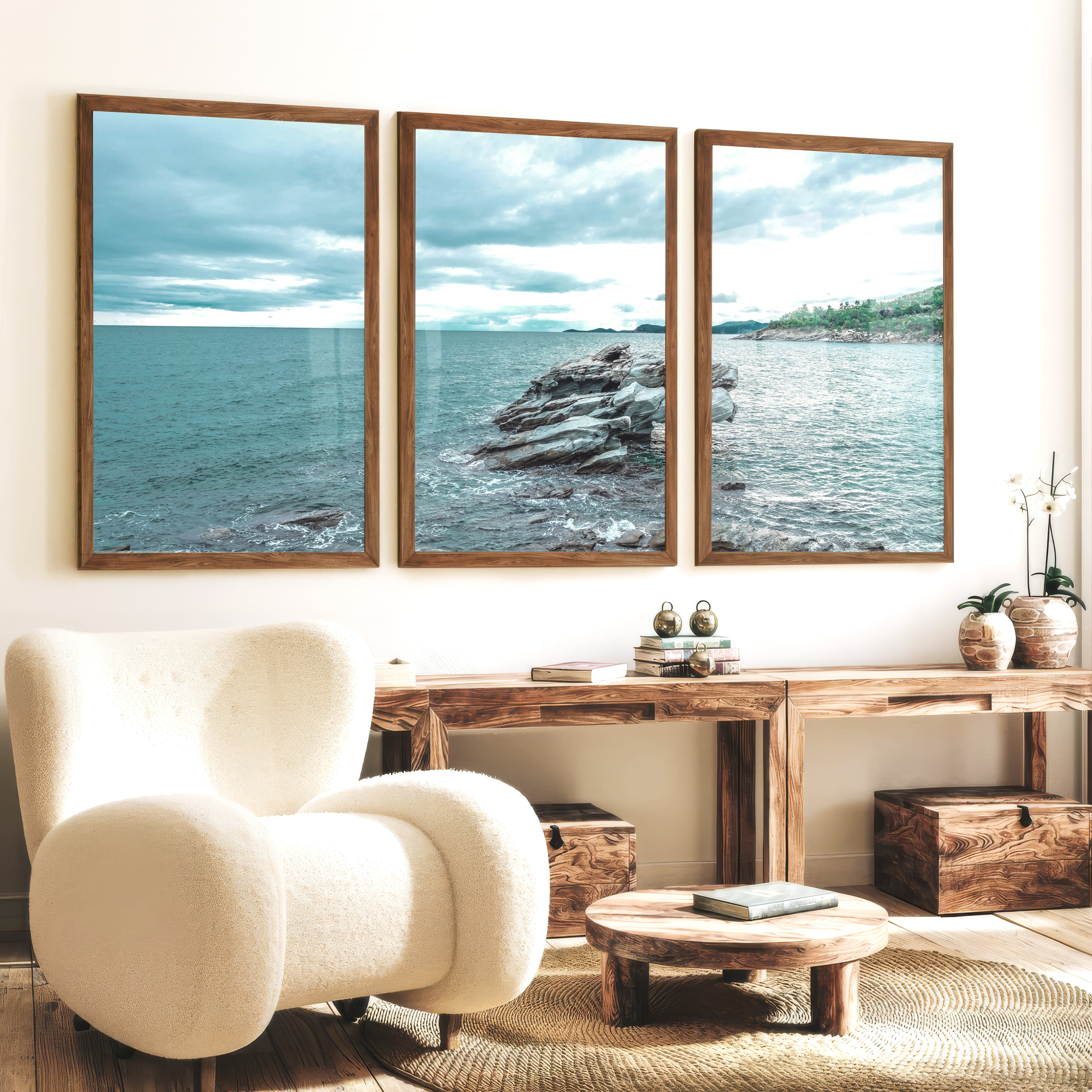 Rocky Shore Coastal Photography Wall Art - Dark Brown Framed Poster No Border - Artworksets