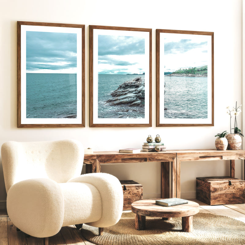 Rocky Shore Coastal Photography Wall Art - Dark Brown Framed Poster with White Border - Artworksets