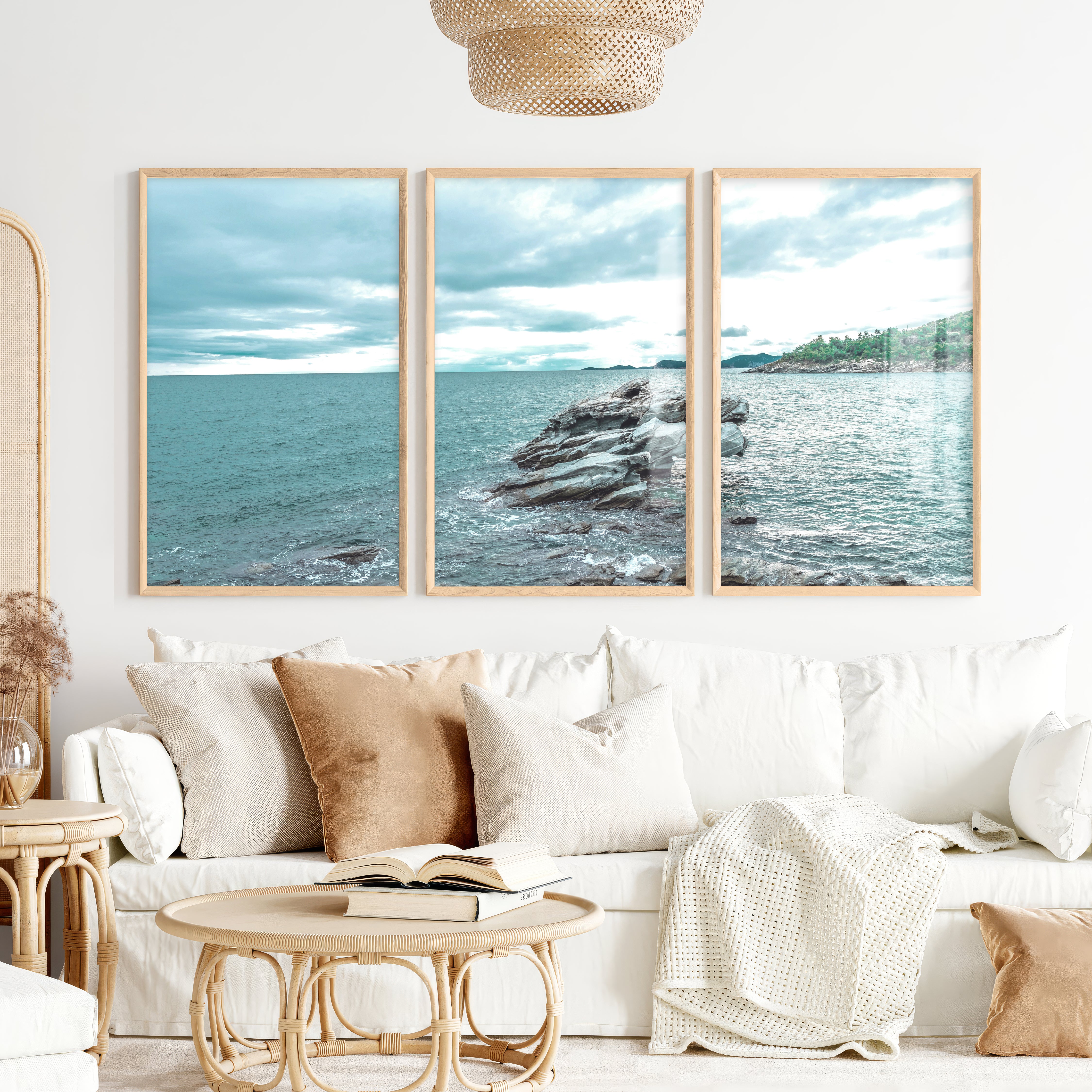 Rocky Shore Coastal Photography Wall Art - Natural Wood Framed Poster No Border - Artworksets