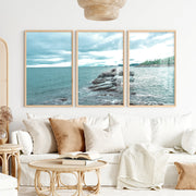 Rocky Shore Coastal Photography Wall Art - Natural Wood Framed Poster No Border - Artworksets