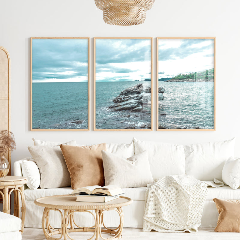 Rocky Shore Coastal Photography Wall Art - Natural Wood Framed Poster No Border - Artworksets