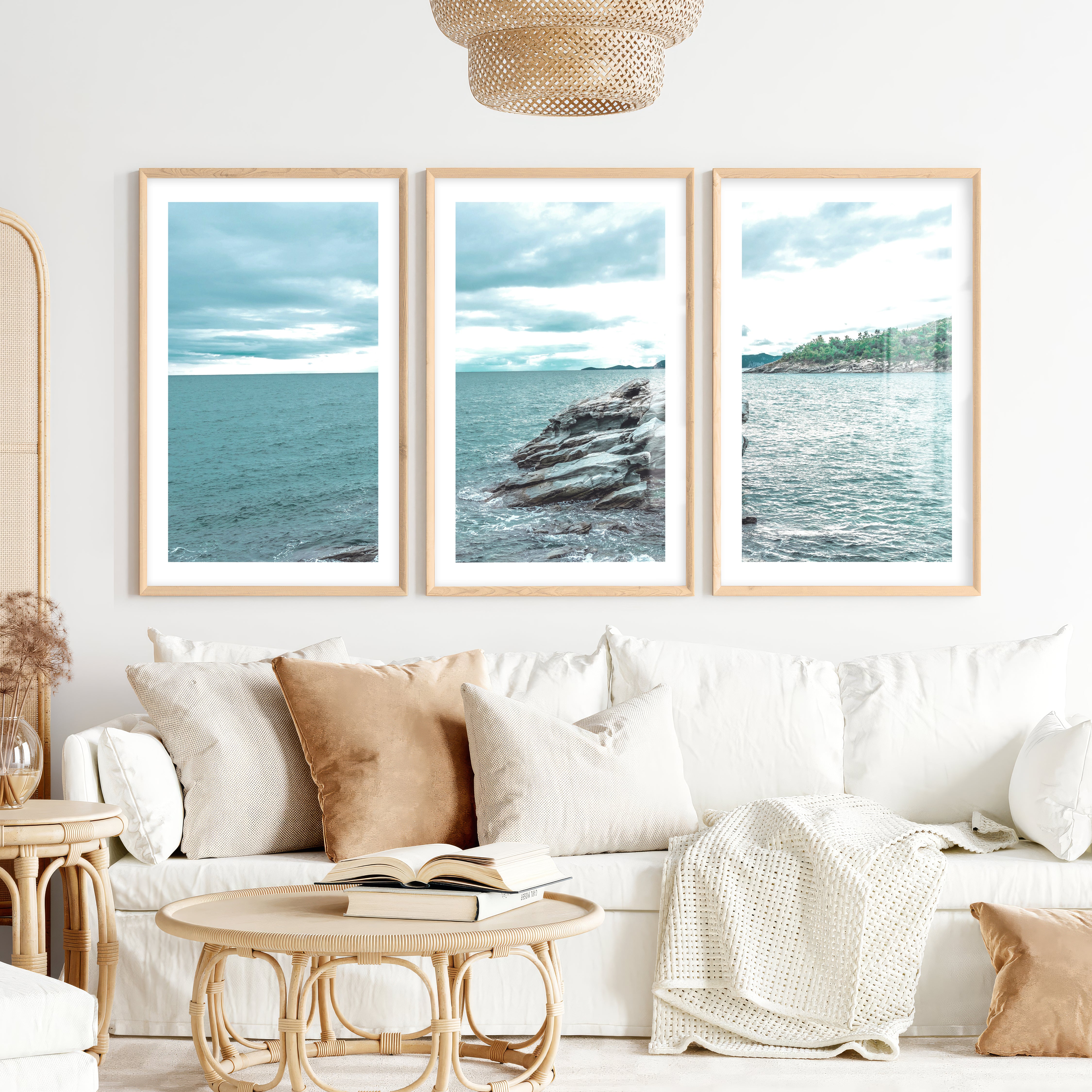 Rocky Shore Coastal Photography Wall Art- Natural Wood Framed Poster with White Border - Artworksets
