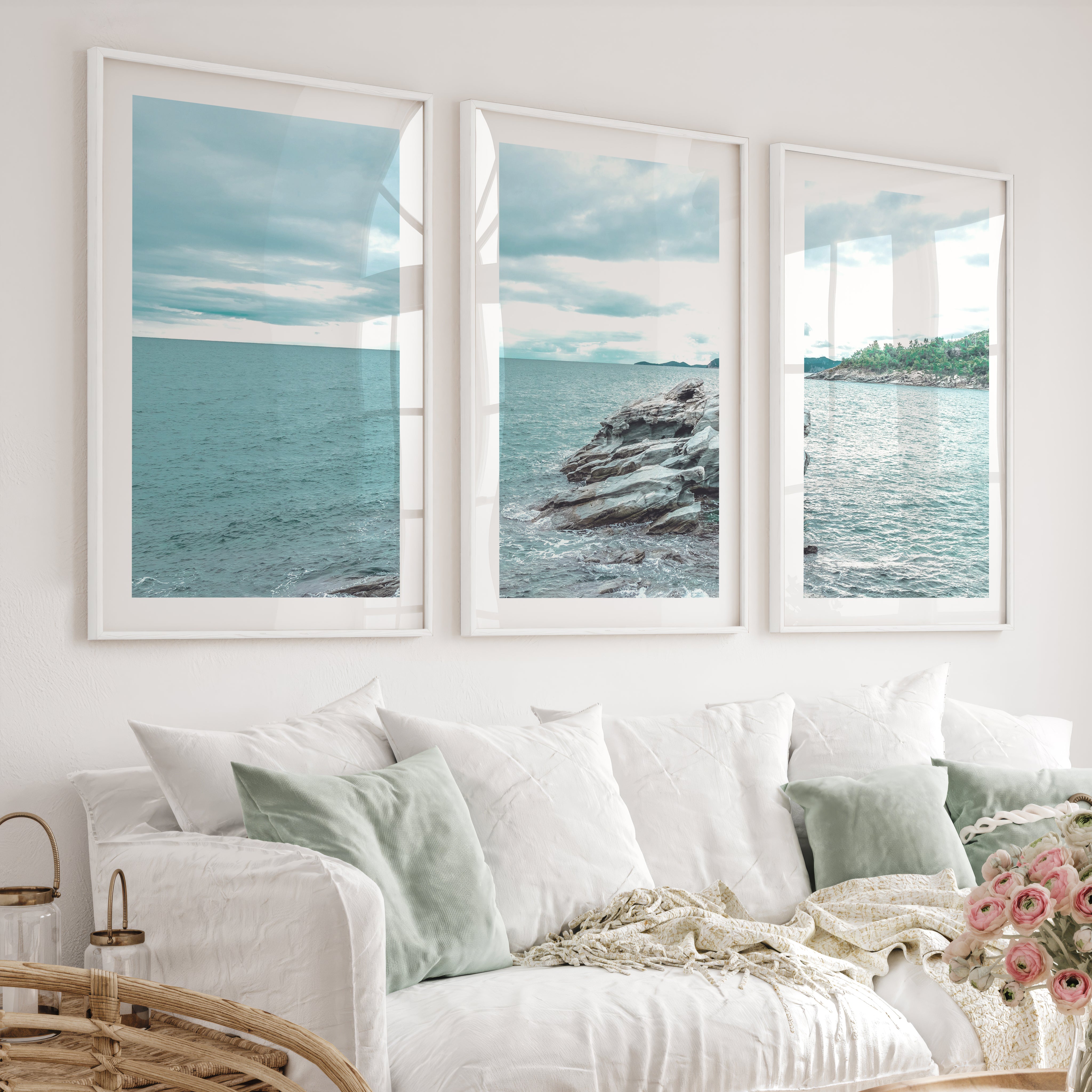 Rocky Shore Coastal Photography Wall Art - White Framed Poster with White Border - Artworksets