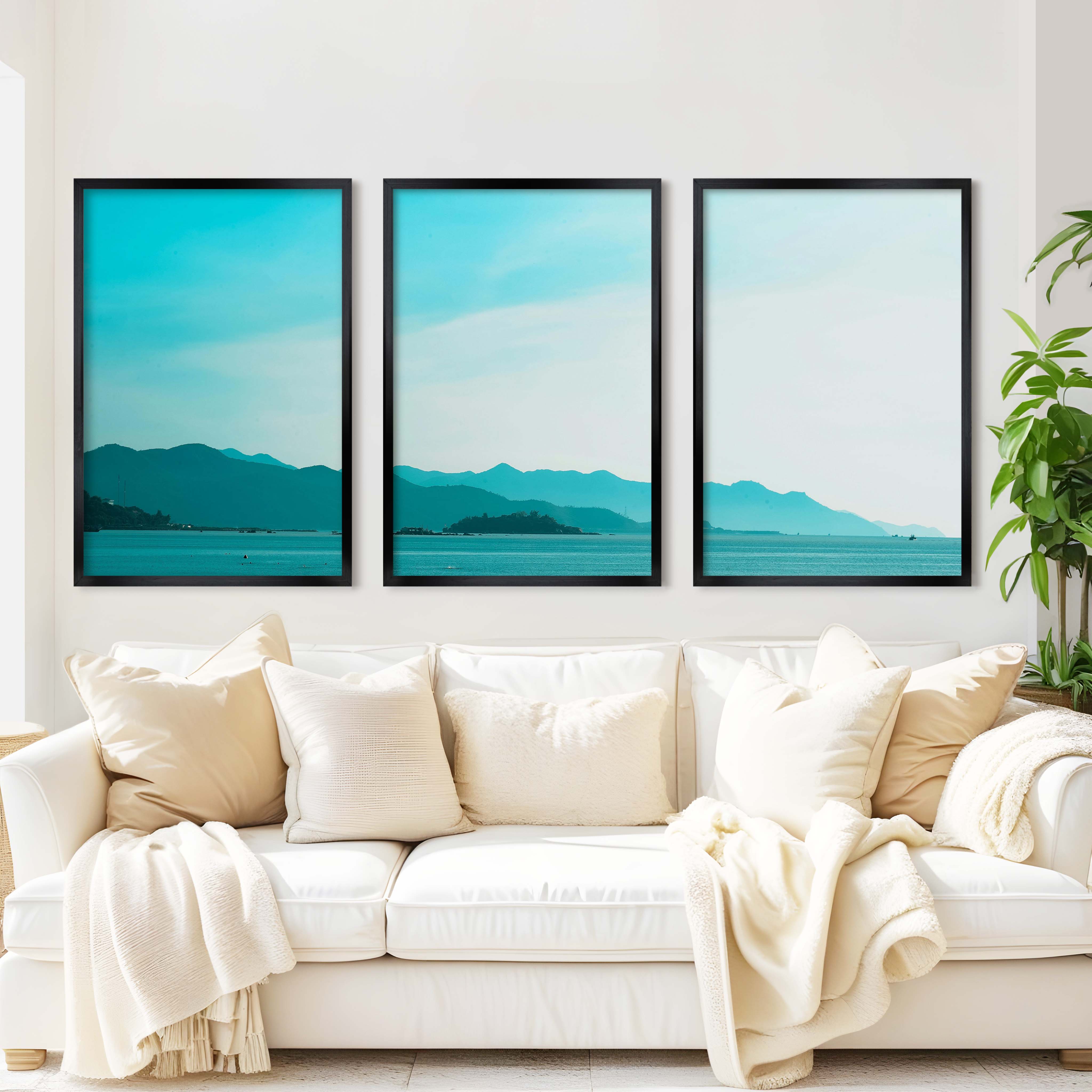 Coastal Pictures for Wall – Misty Mountains and Calm Sea - Black Framed Poster No Border - Artworksets