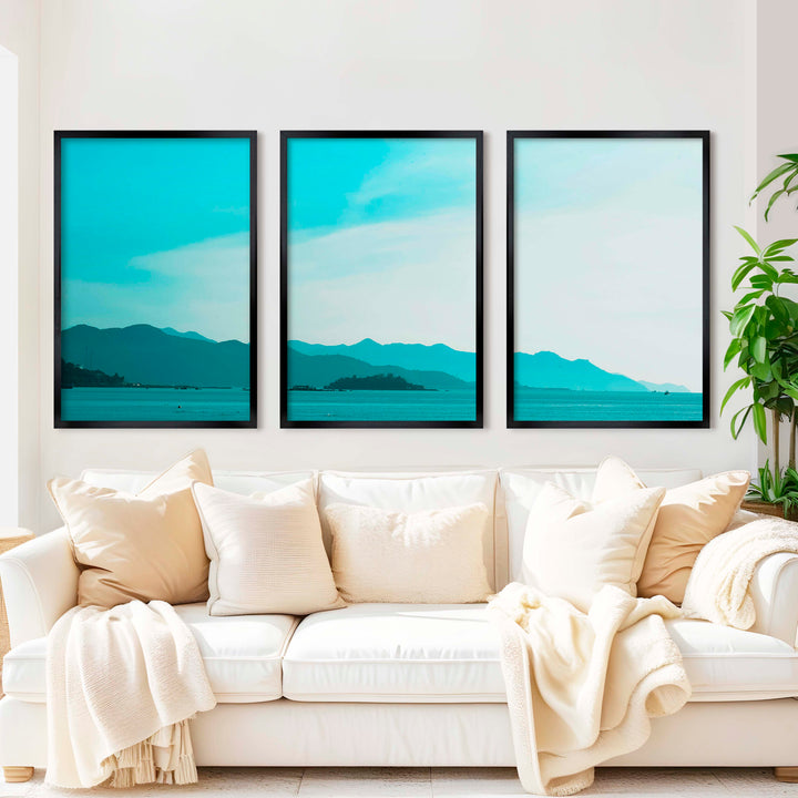 Coastal Pictures for Wall – Misty Mountains and Calm Sea - Black Framed Poster No Border - Artworksets