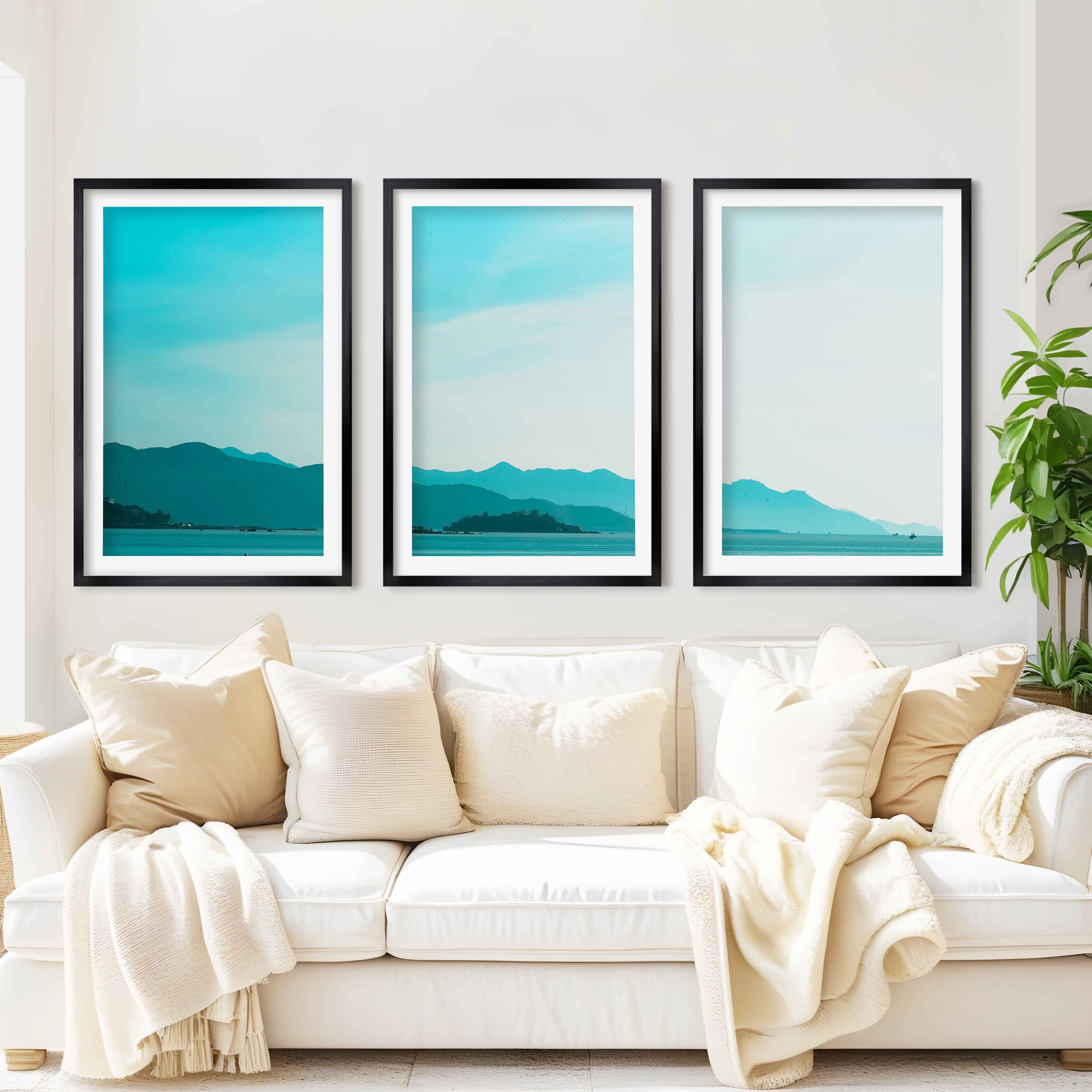 Coastal Pictures for Wall – Misty Mountains and Calm Sea - Black Framed Poster with White Border - Artworksets