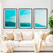 Coastal Pictures for Wall – Misty Mountains and Calm Sea - Black Framed Poster with White Border - Artworksets