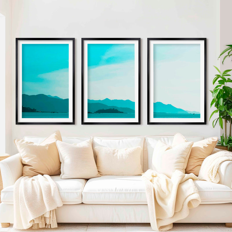Coastal Pictures for Wall – Misty Mountains and Calm Sea - Black Framed Poster with White Border - Artworksets