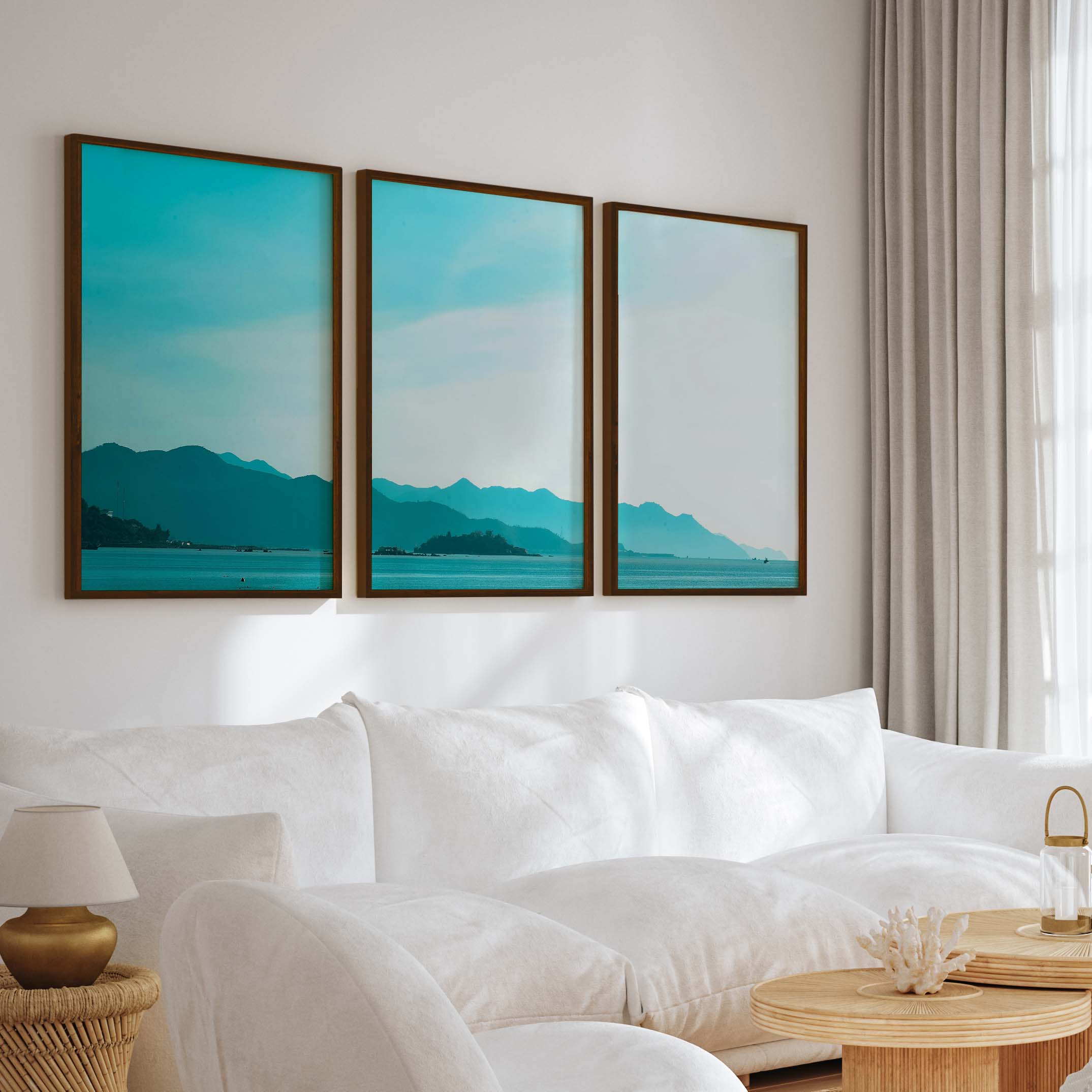 Coastal Pictures for Wall – Misty Mountains and Calm Sea - Dark Brown Framed Poster No Border - Artworksets